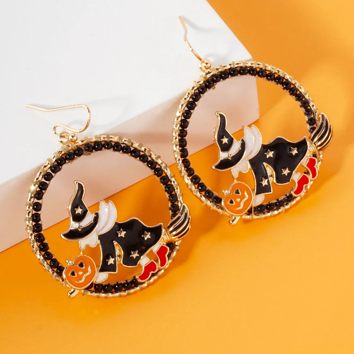 Flying Witch On Broomstick Circle Drop Halloween Earrings