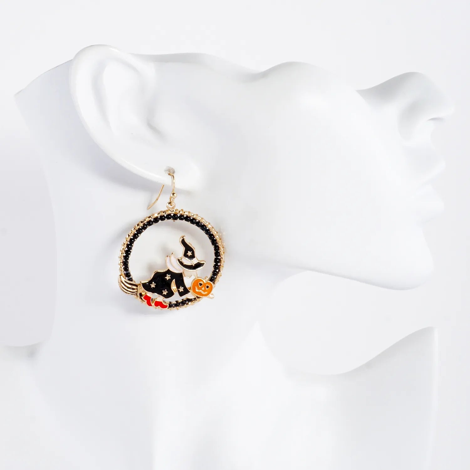 Flying Witch On Broomstick Circle Drop Halloween Earrings
