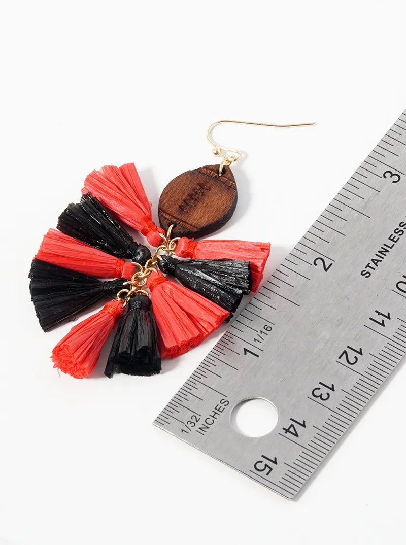 Game Day Wooden Football And Raffia Tassels Drop Dangle Earrings