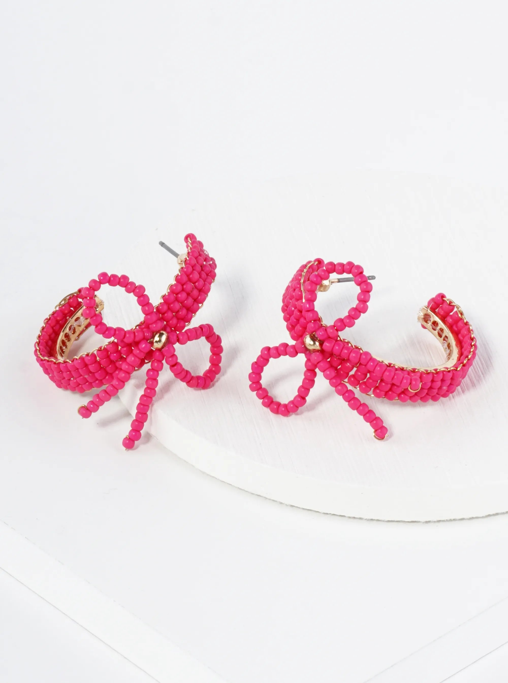 Glass Beaded Ribbon Bow Accent 25mm Open Hoop Earrings