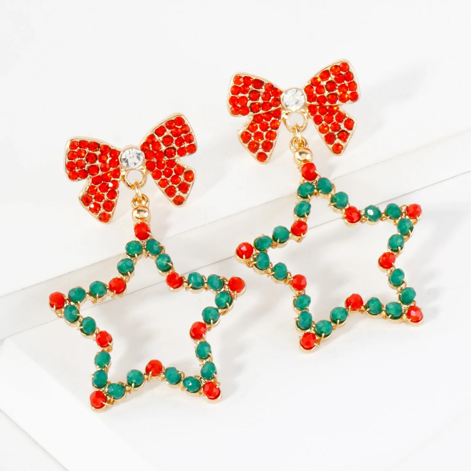 Glass Beaded Star Drop Crystal Pave Bow Christmas Earrings