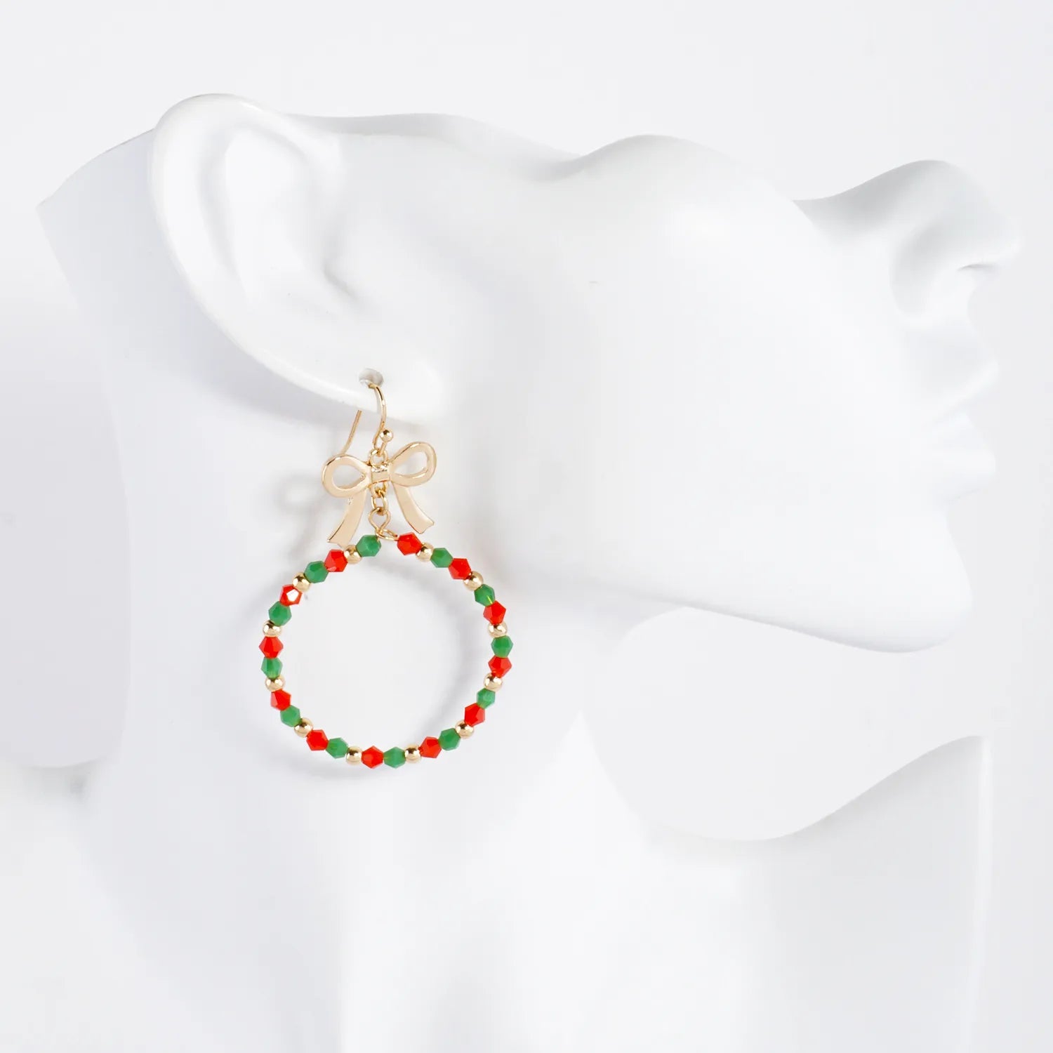 Glass Beaded Wire Circle Drop Bow Christmas Earrings