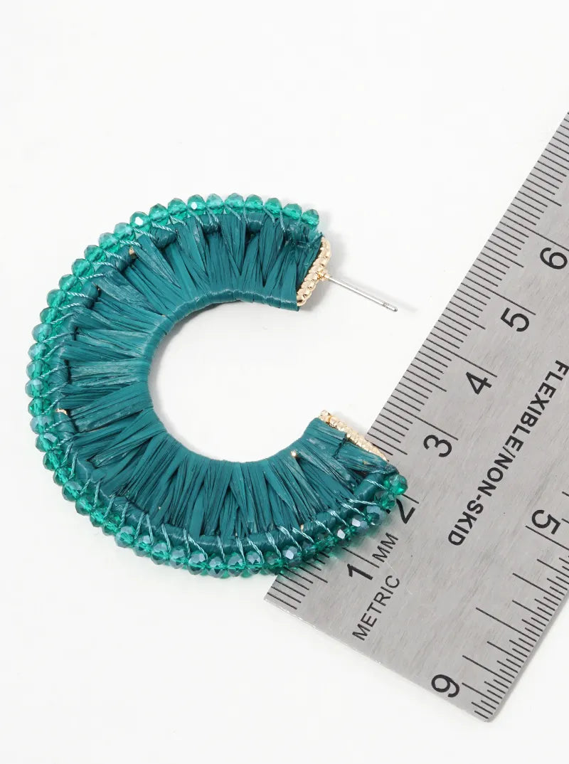 Glass Beads Raffia Wrapped Flat Wide Open Hoop Earrings