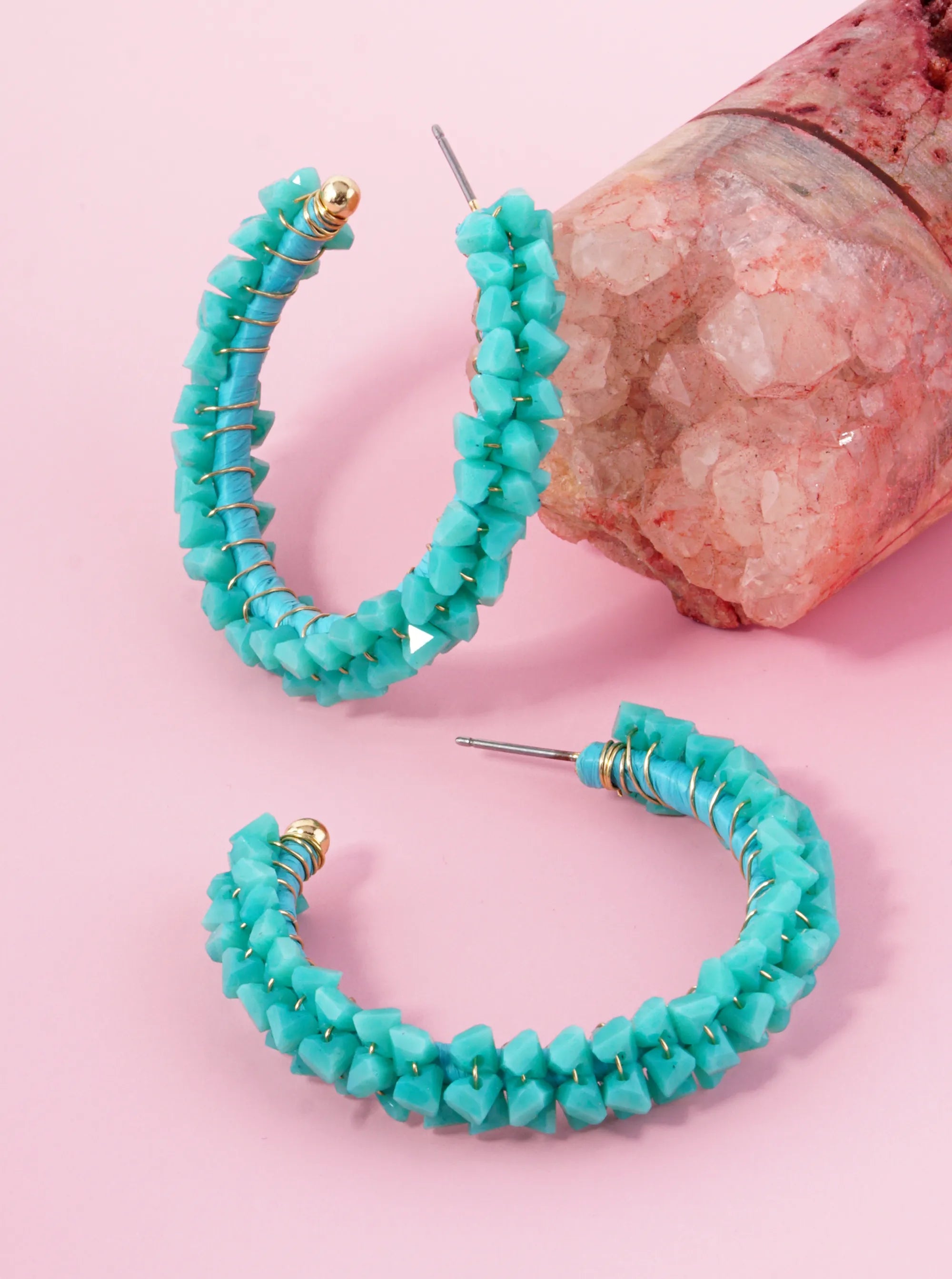 Glass Beads Wire Wrapped 40mm Open Hoop Earrings