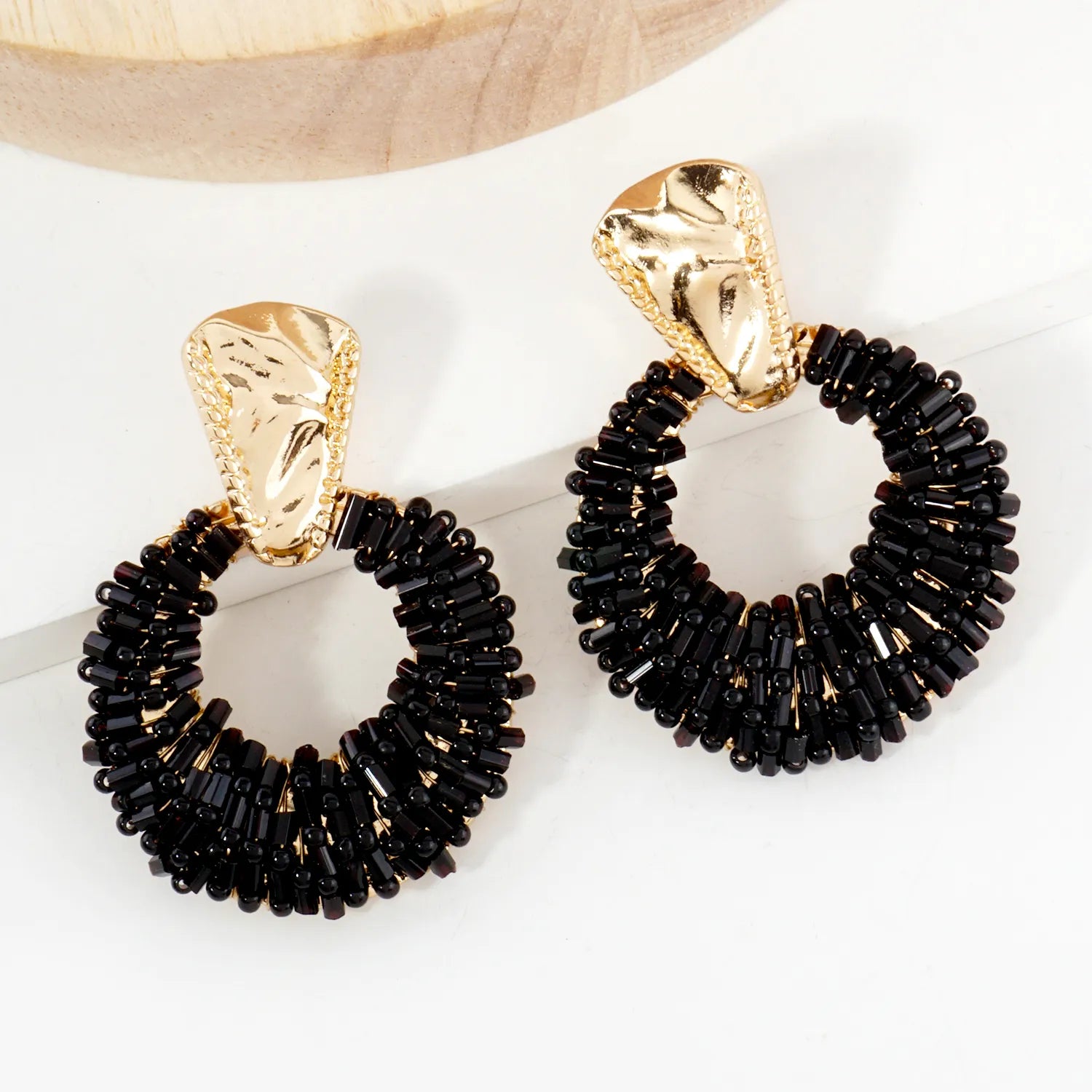 Glass Beads Wire Wrapped Circle Drop Doorknocker Earrings