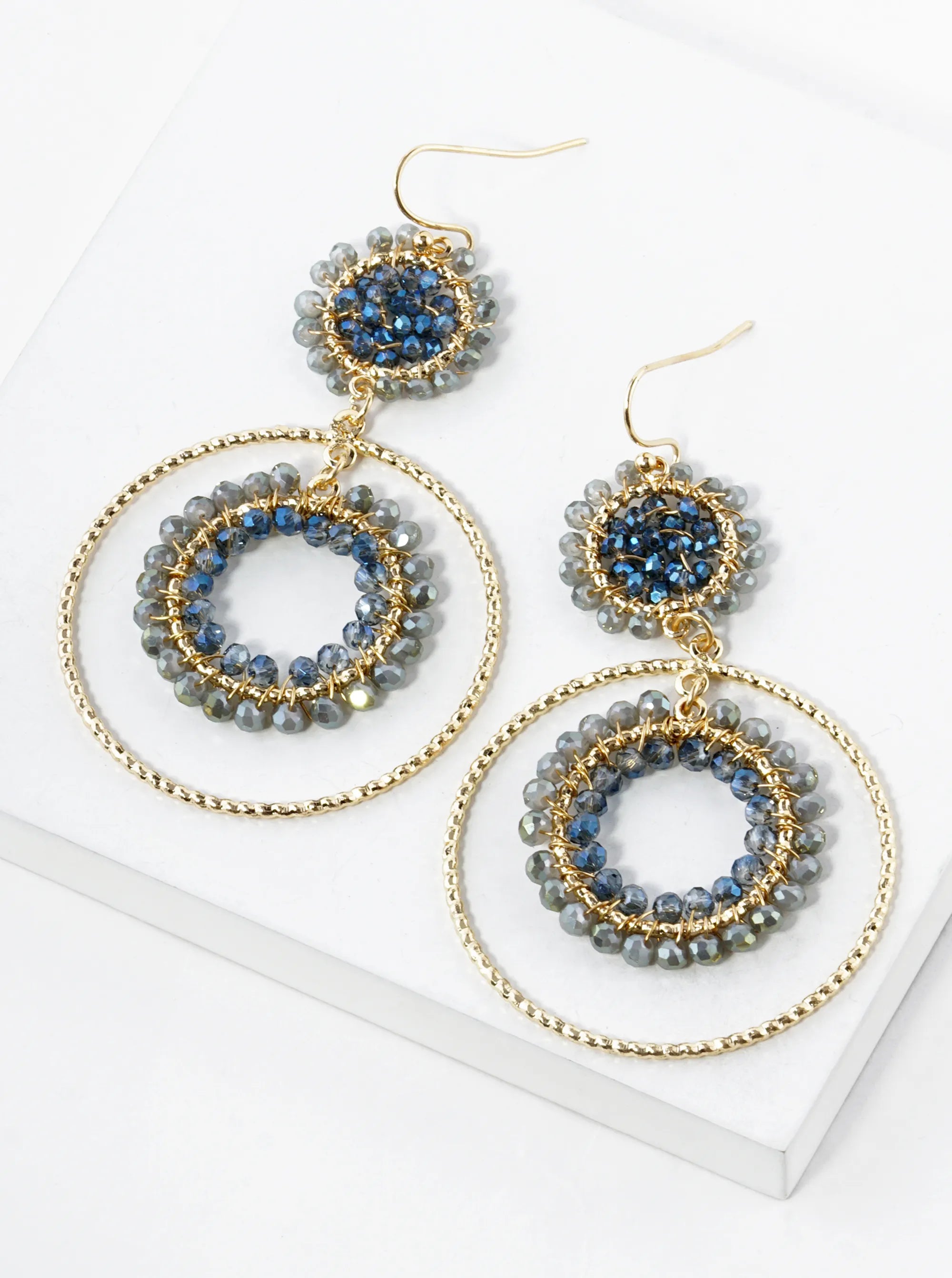 Glass Beads Wire Wrapped Double Circle Drop Earrings