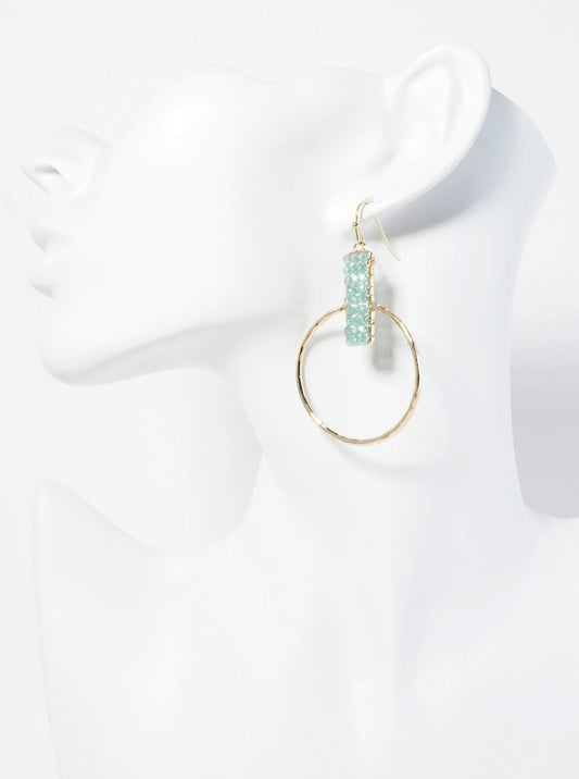 Glass Beads Wire Wrapped Hammered Circle Drop Earrings