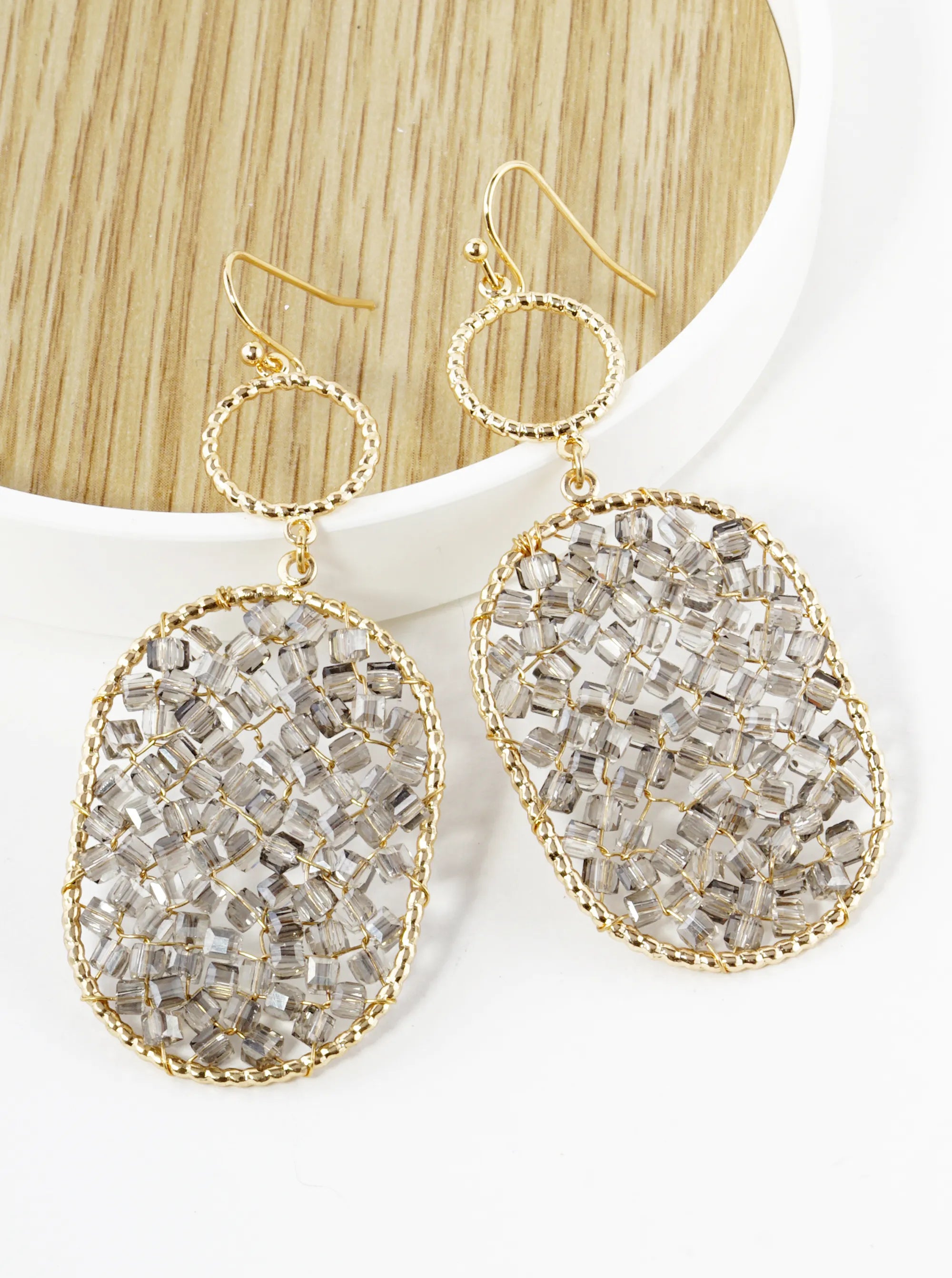 Glass Beads Wire Wrapped Oval Drop Earrings
