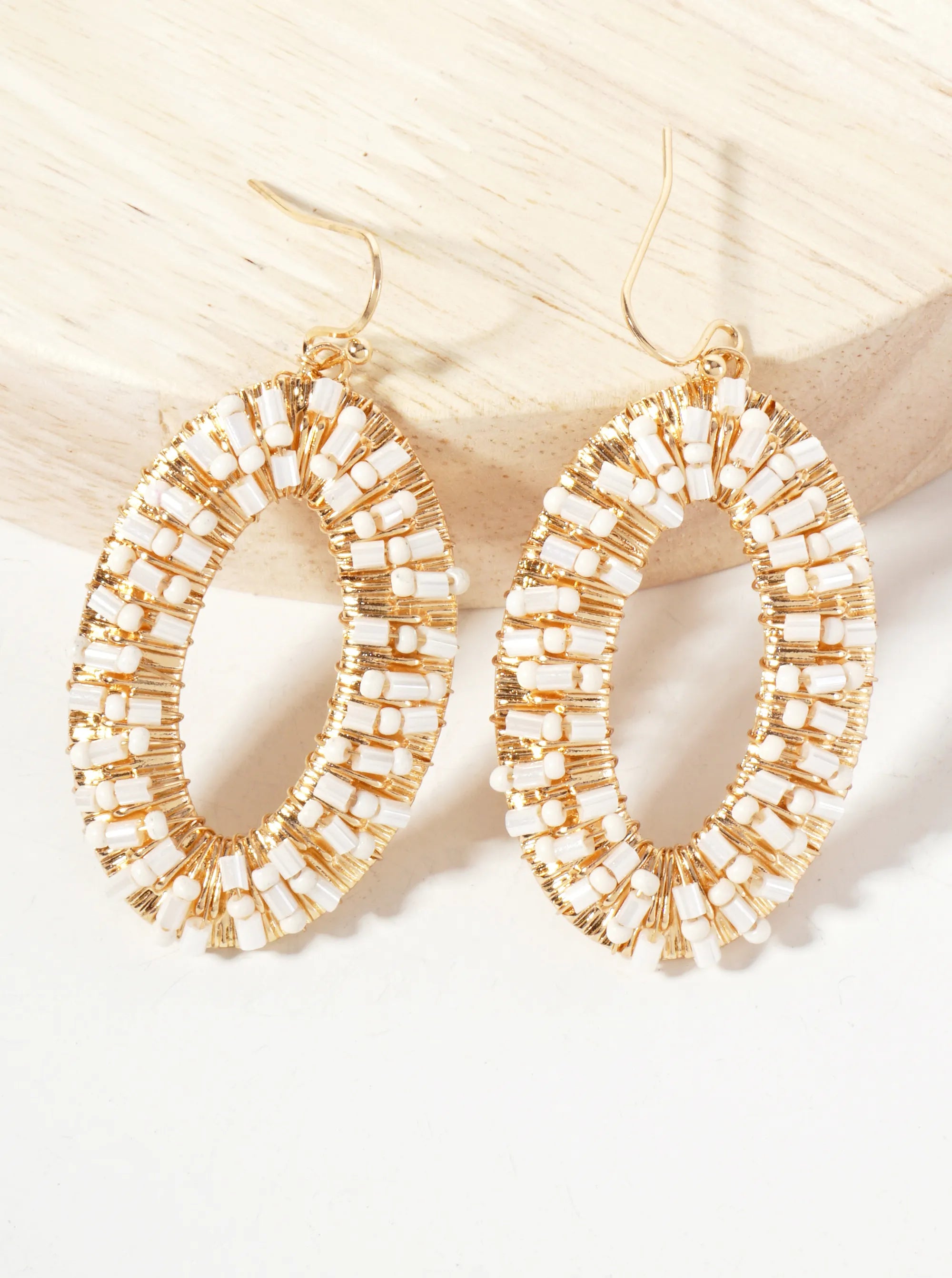 Glass-Beads Wire-Wrapped Oval-Shaped Dangle Earrings
