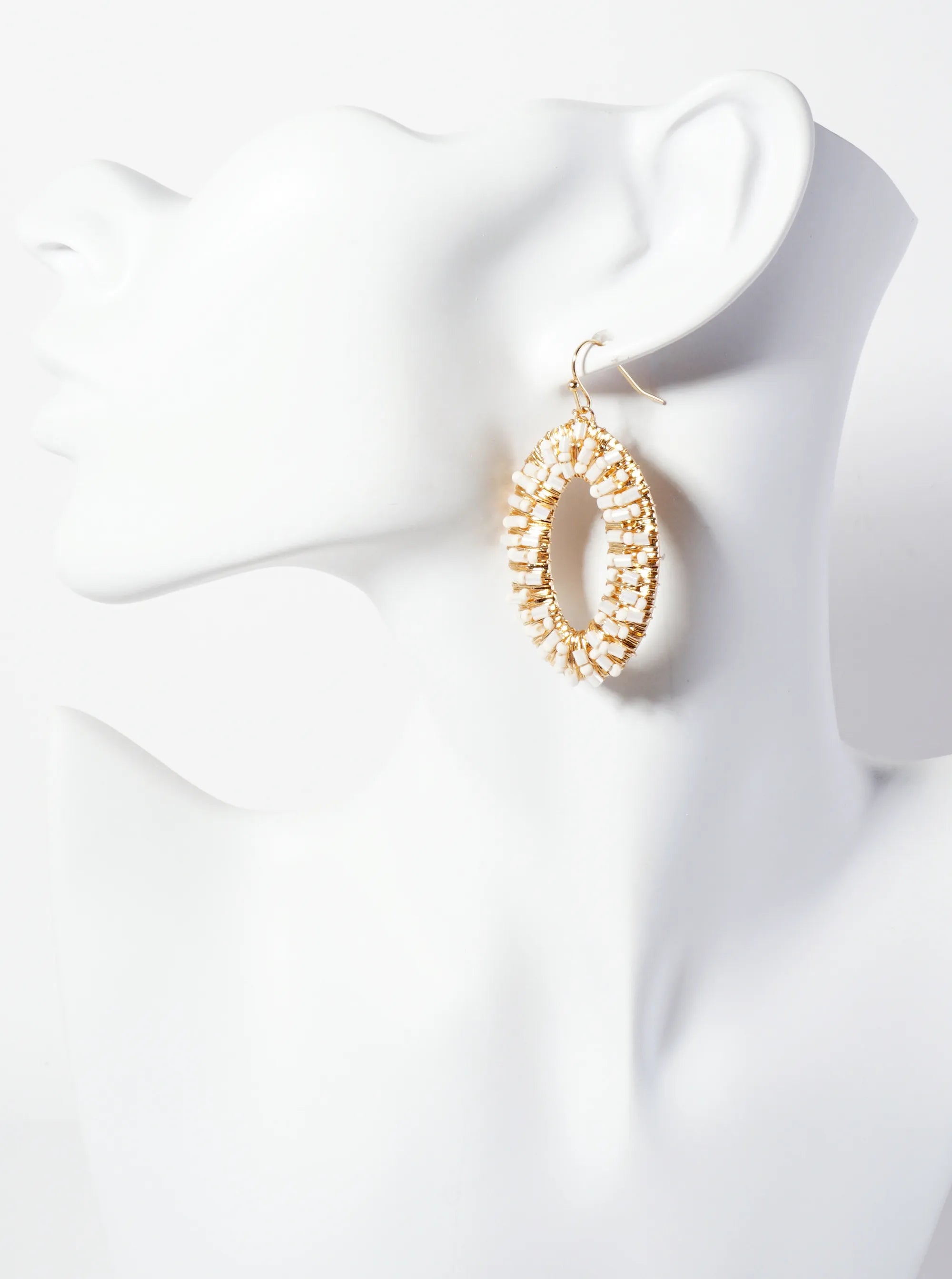 Glass-Beads Wire-Wrapped Oval-Shaped Dangle Earrings