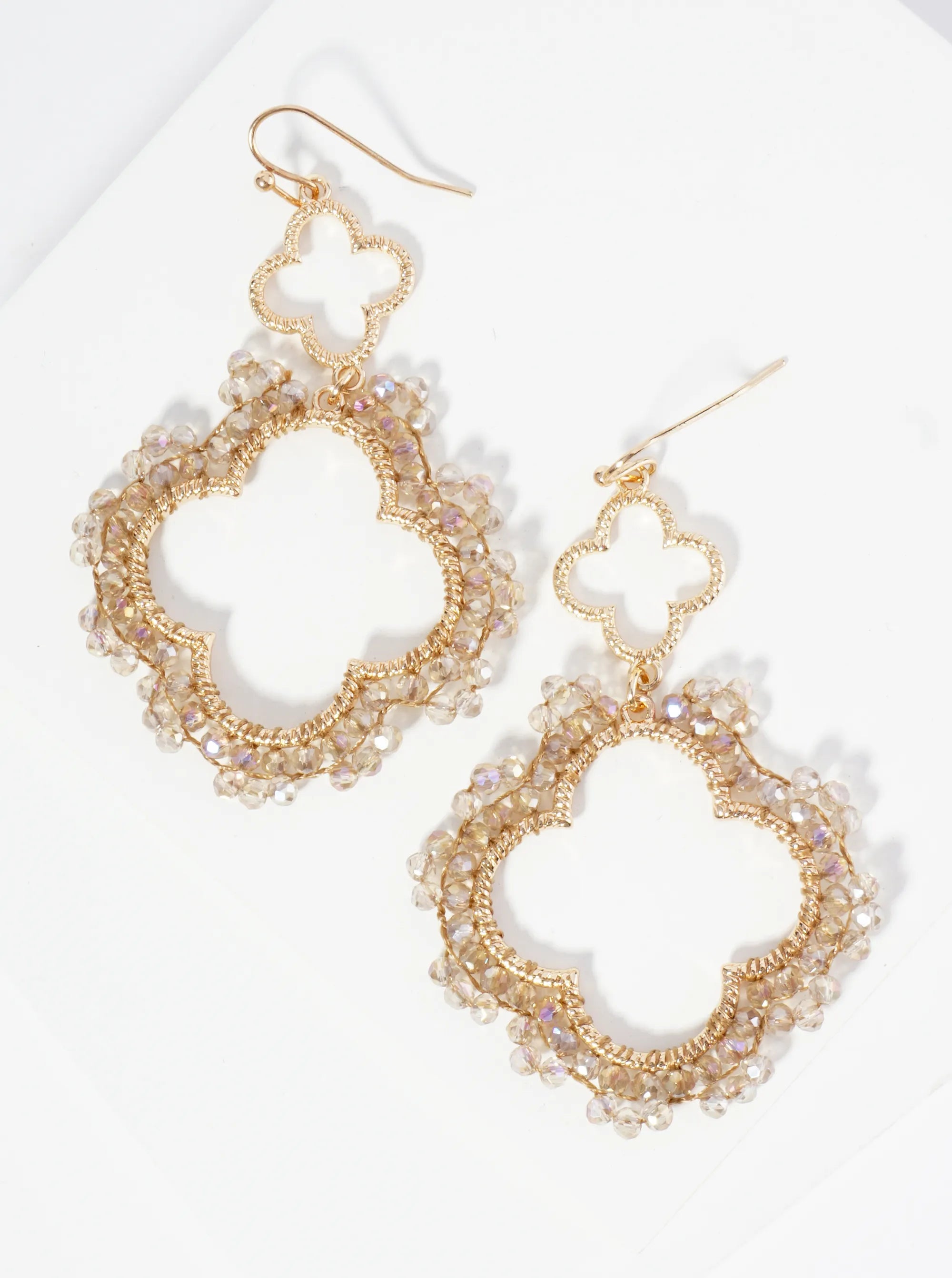 Glass Beads Wired Dual Quatrefoil Dangle Drop Earrings