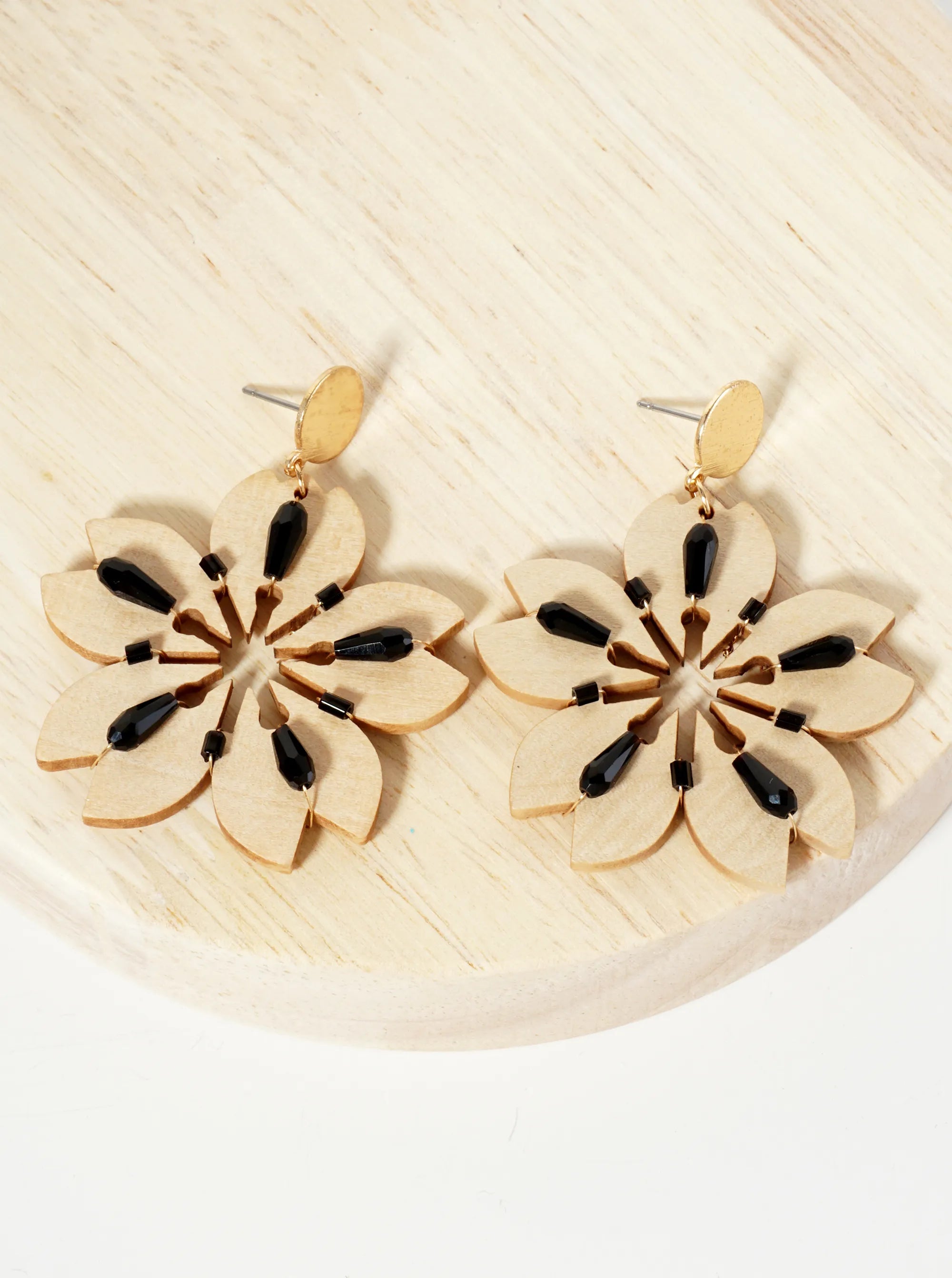 Glass Beads Wired Laser Cut Wooden Cherry Blossom Flower Dangle Drop Earrings