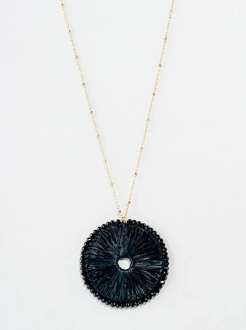 Glass Bead Wrapped Round Raffia Pendant Long Necklace