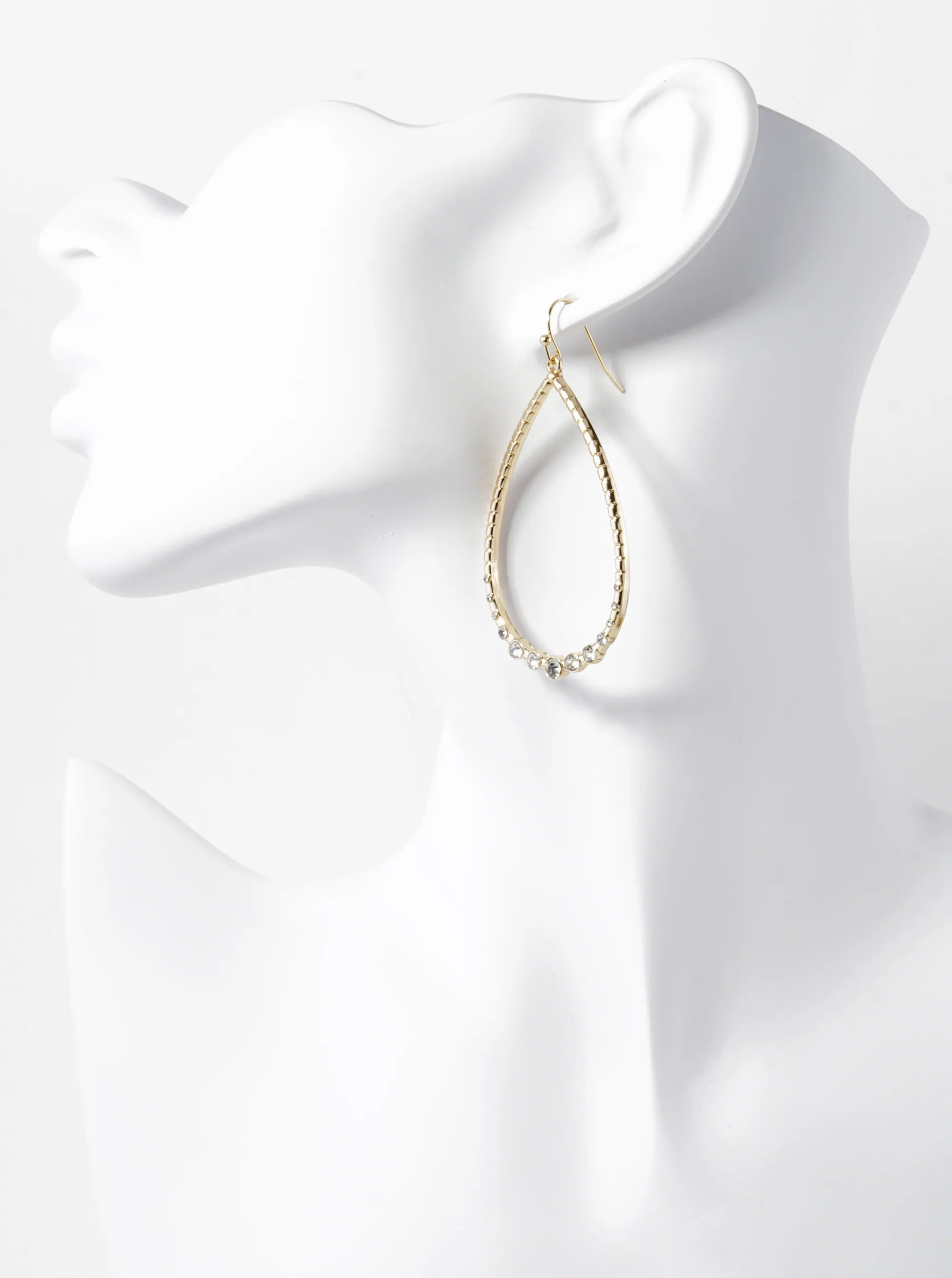 Graduated Crystal Stone Studded Textured Metal Teardrop Dangle Earrings