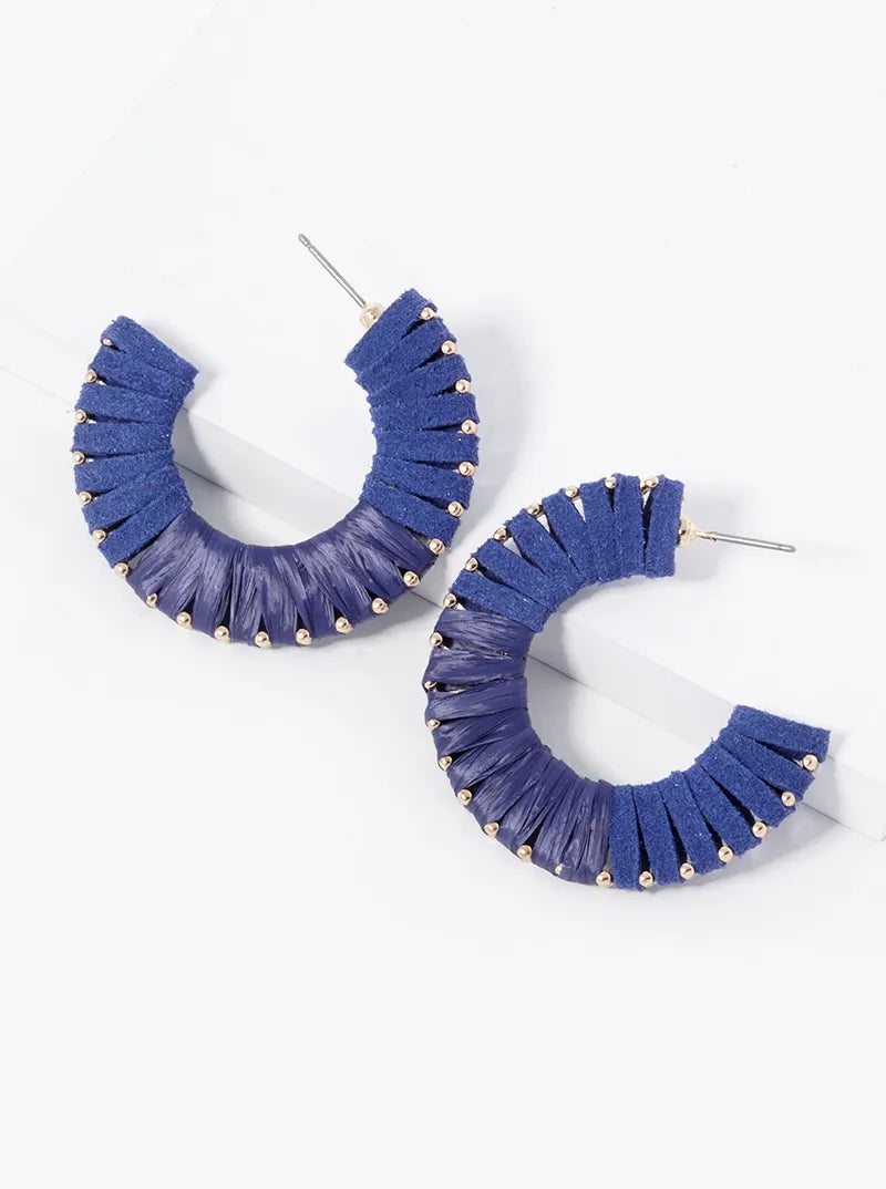 Half Suede Half Raffia Wrapped 35mm Open Hoop Earrings