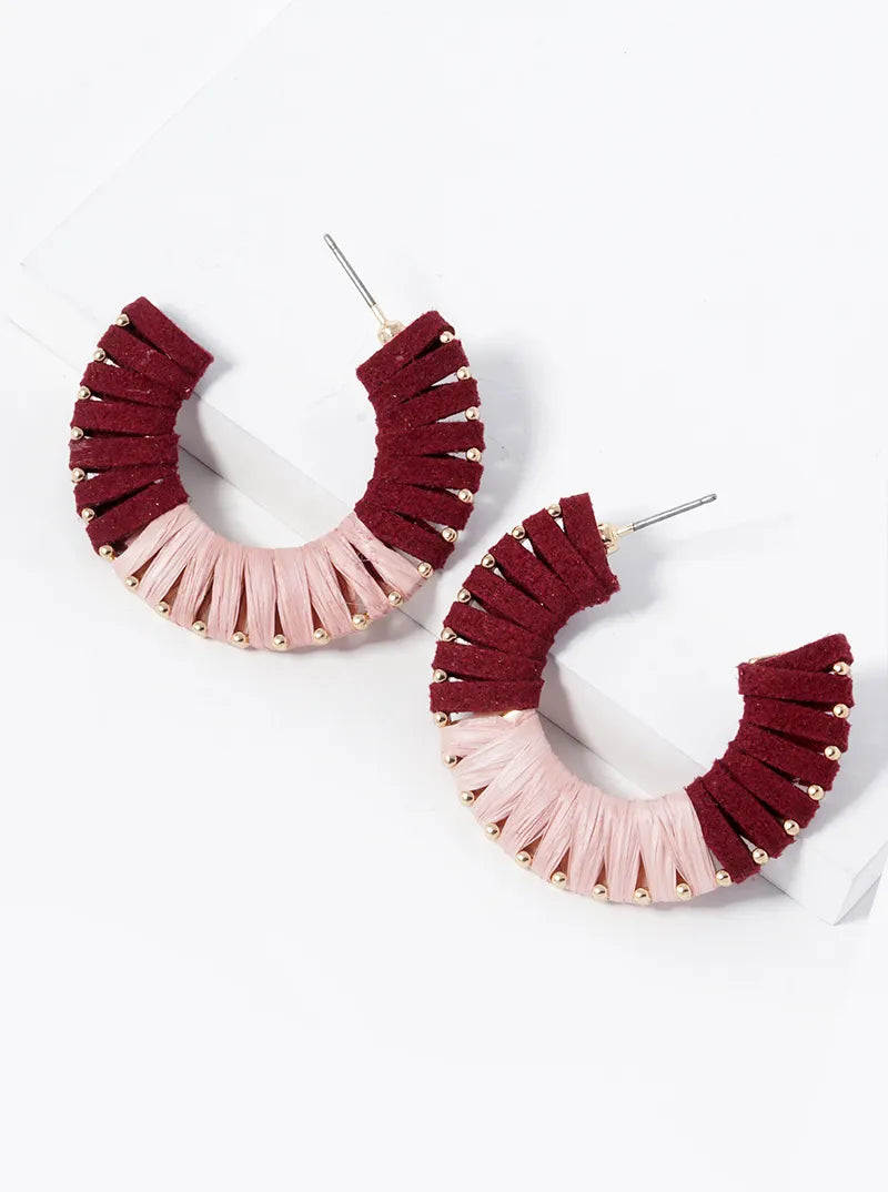 Half Suede Half Raffia Wrapped 35mm Open Hoop Earrings