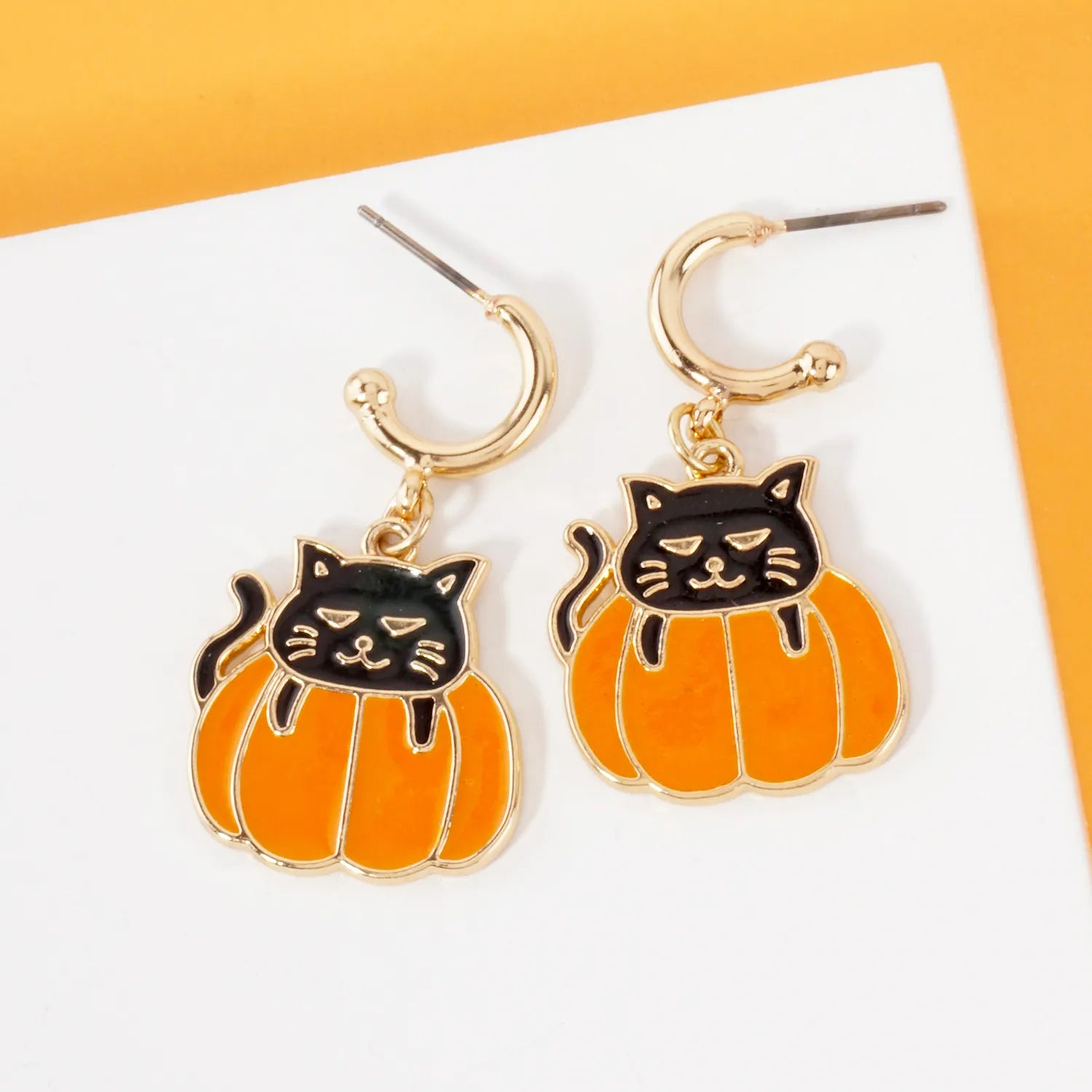 Halloween Cat-on-Pumpkin Cute Dangle Earrings