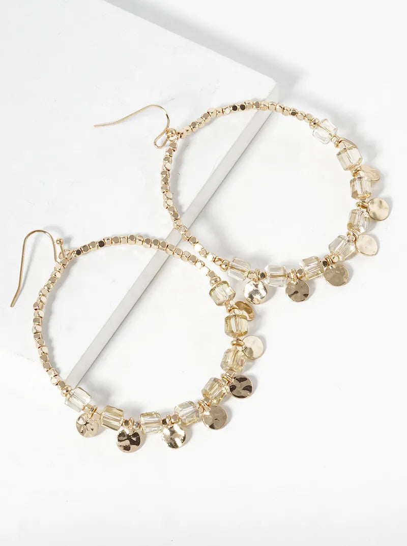 Hammer Textured Round Disc Drop Faceted Glass Beaded Circle Earrings