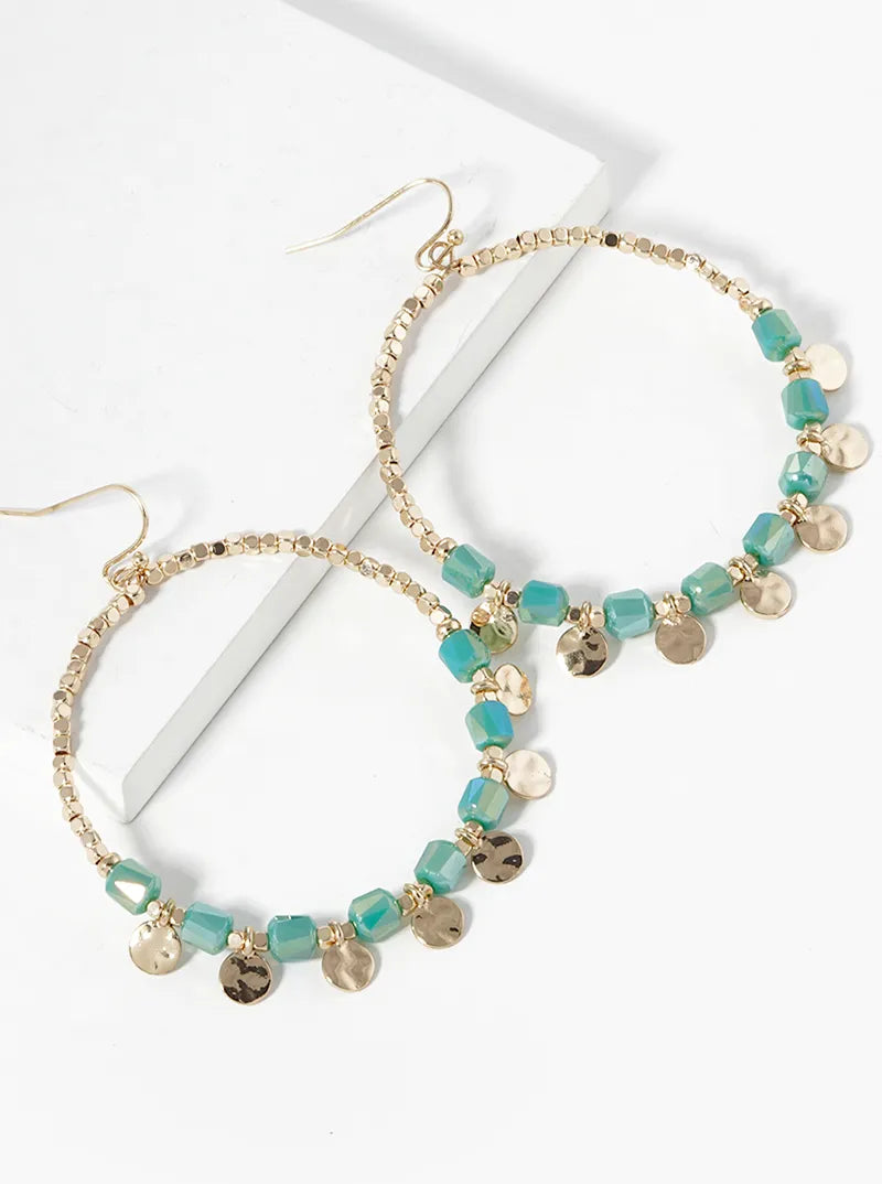 Hammer Textured Round Disc Drop Faceted Glass Beaded Circle Earrings