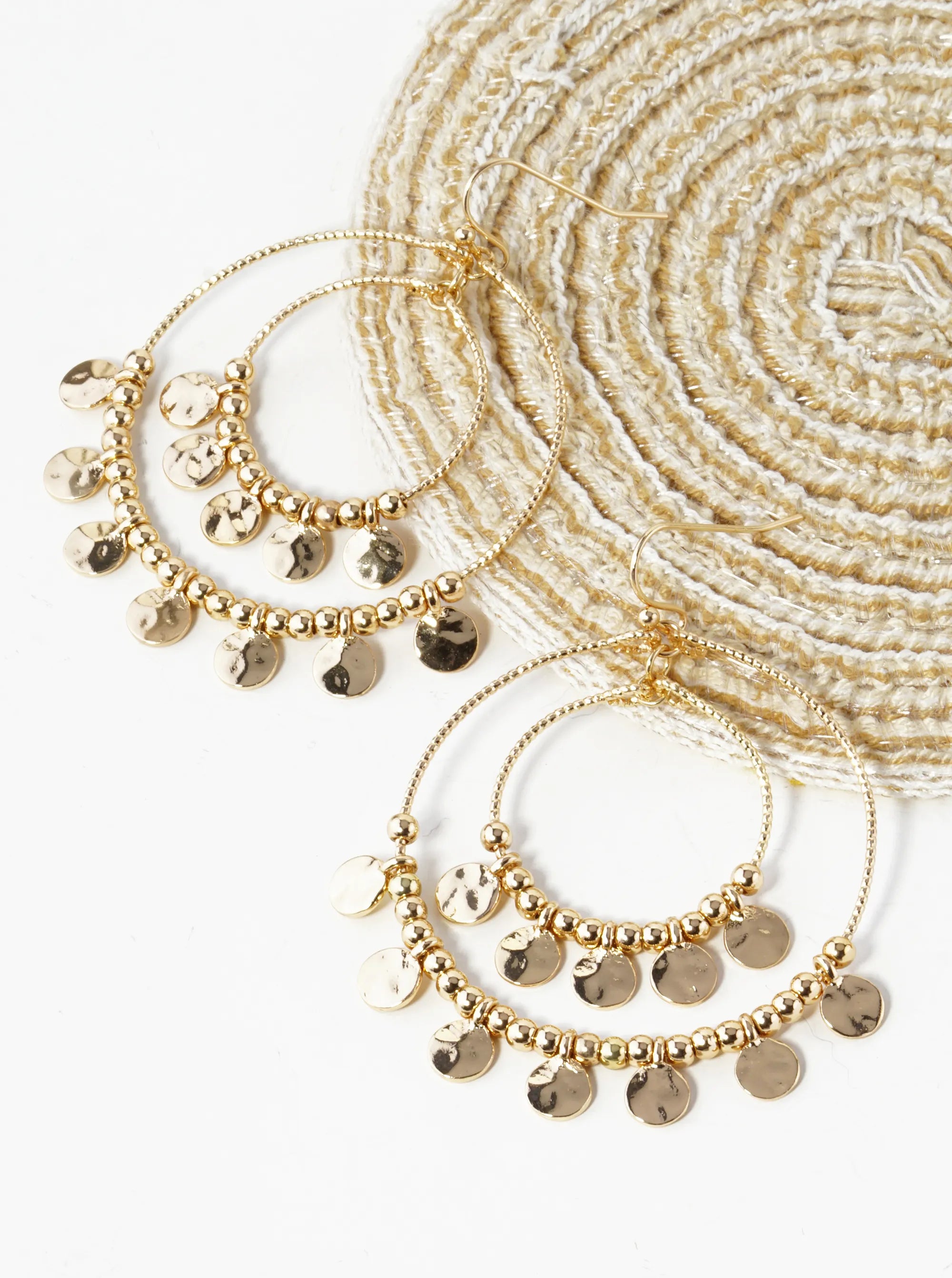 Hammered Disc Drop Double Textured Wire Circle Dangle Drop Earrings