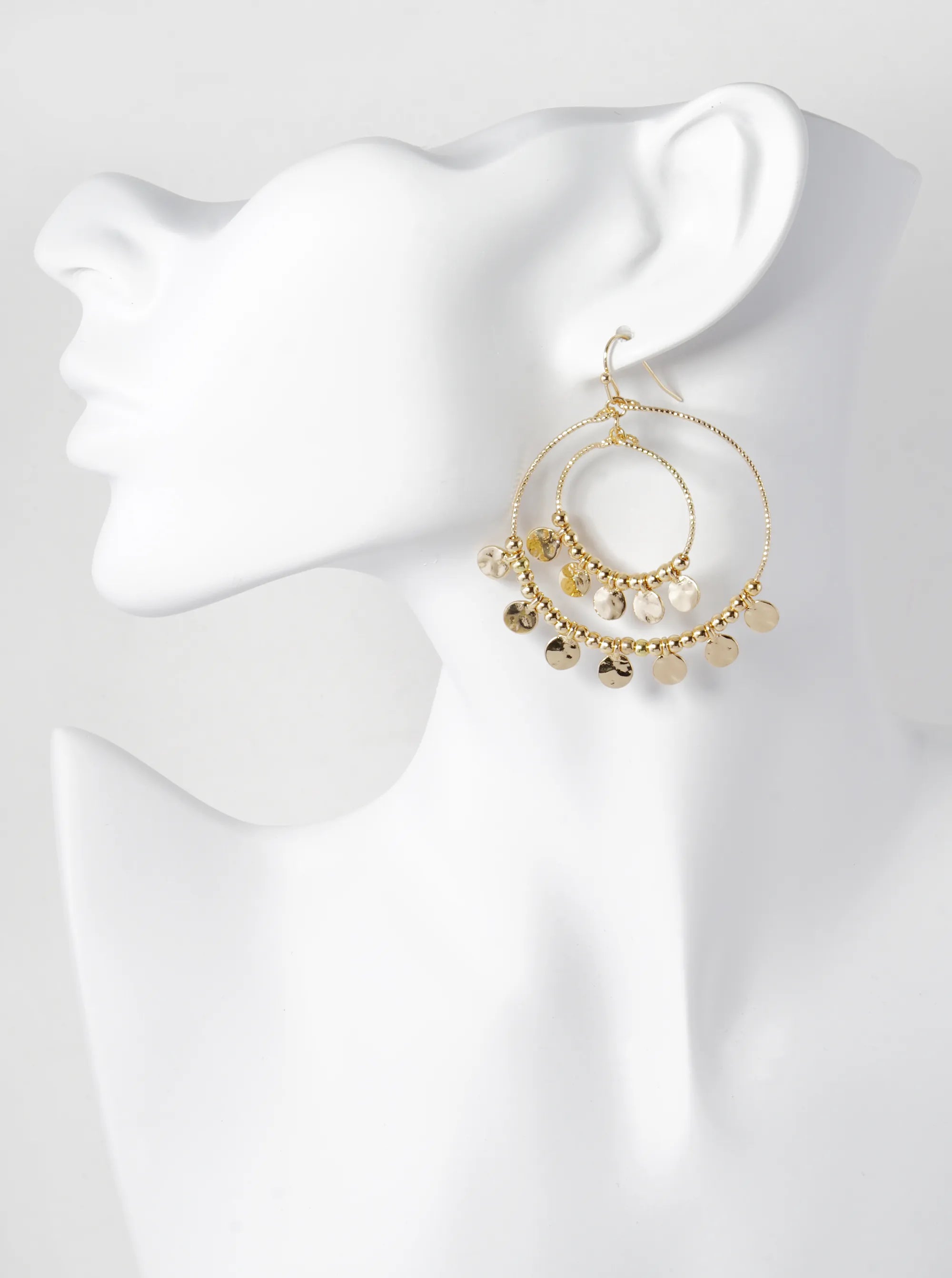 Hammered Disc Drop Double Textured Wire Circle Dangle Drop Earrings