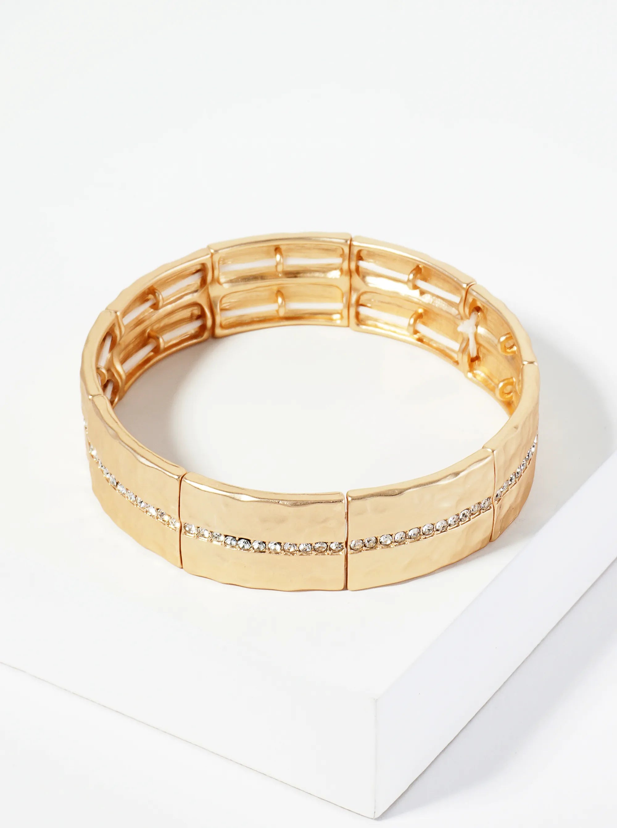 Hammered Metal Crystal Pave Stretch Bracelet