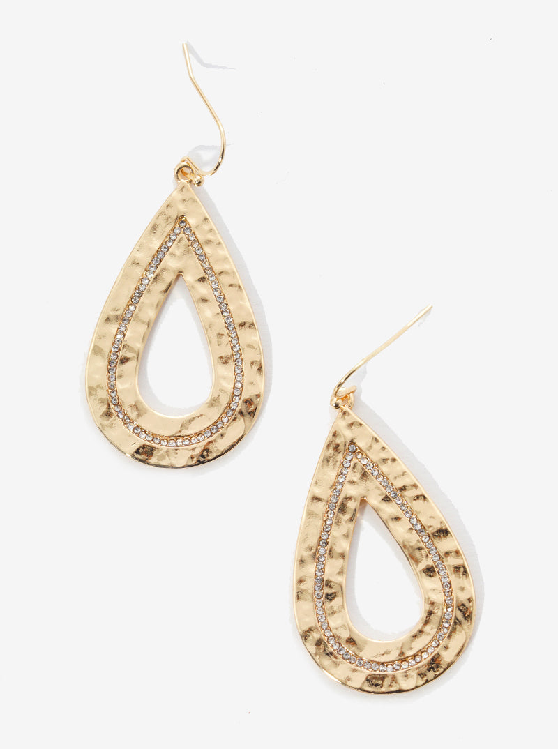 Hammered Metal Crystal Pave Teardrop Dangle Drop Earrings