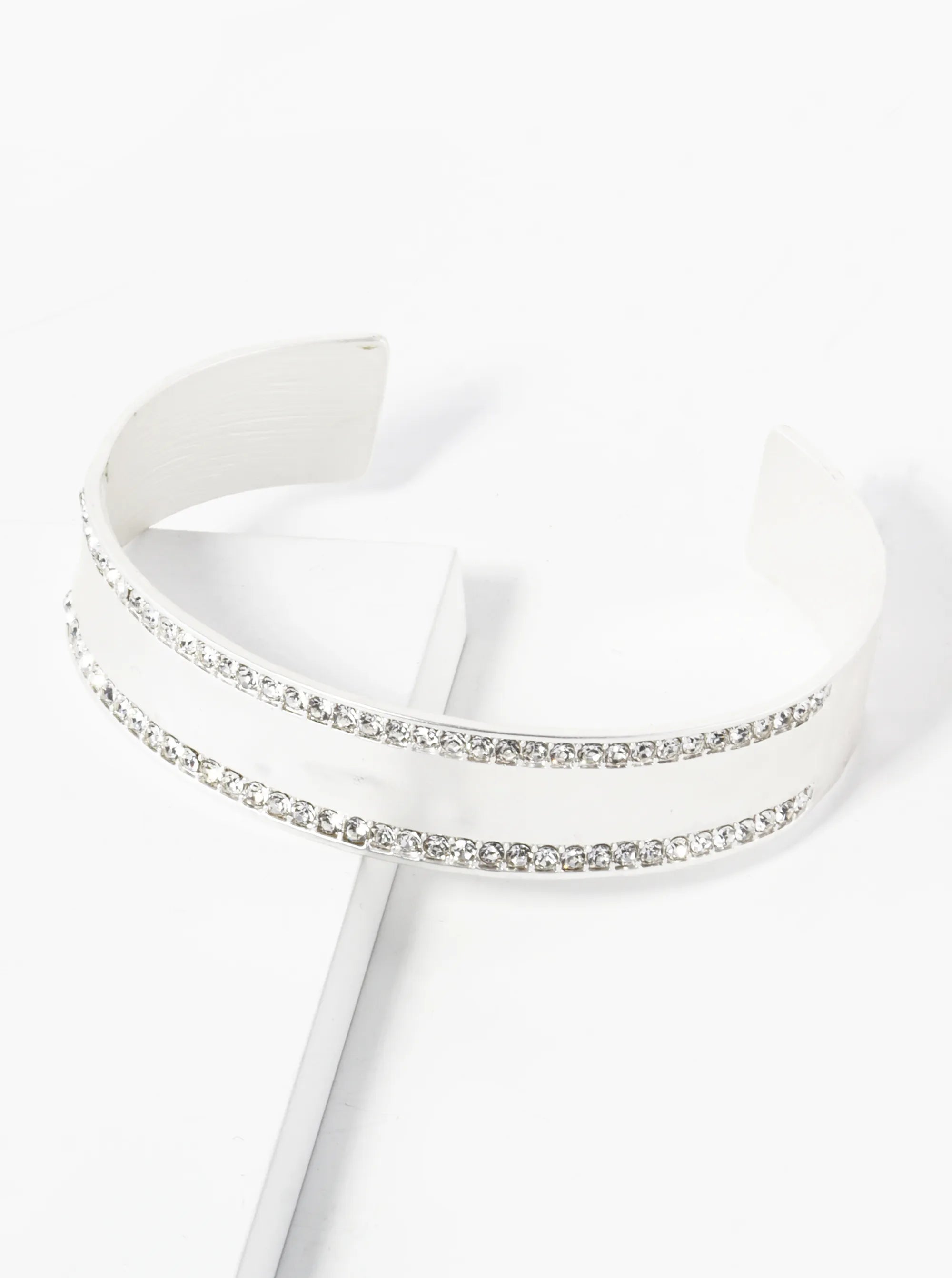 Hammered Metal Double Row Pave Crystal Cuff Bracelet