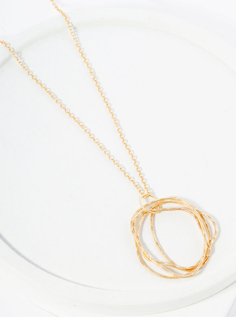 Hammered Metal Multi Organic Circle Pendant Long Necklace