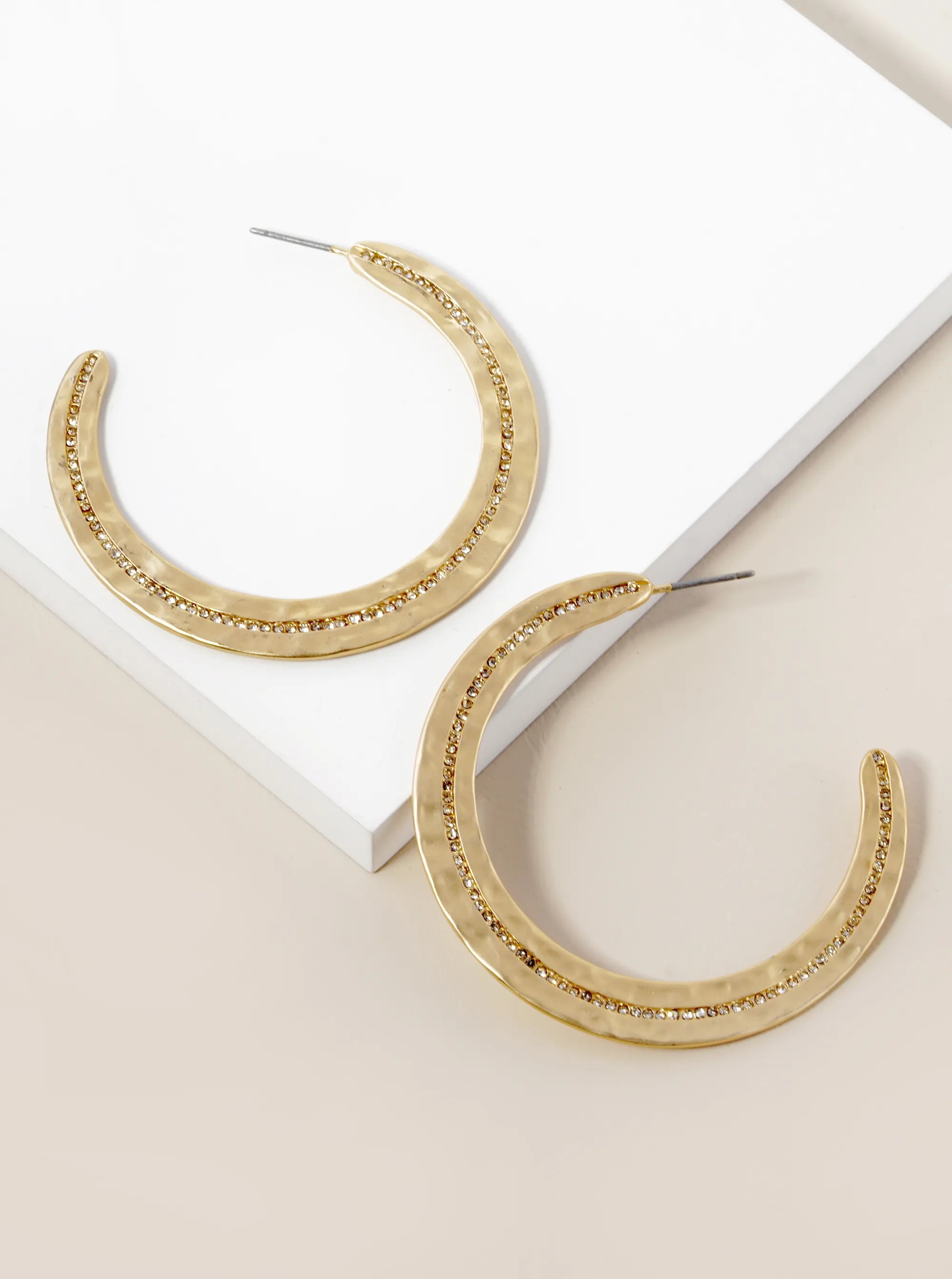 Hammered Metal Pave Crystal 50mm Wide Open Hoop Earrings