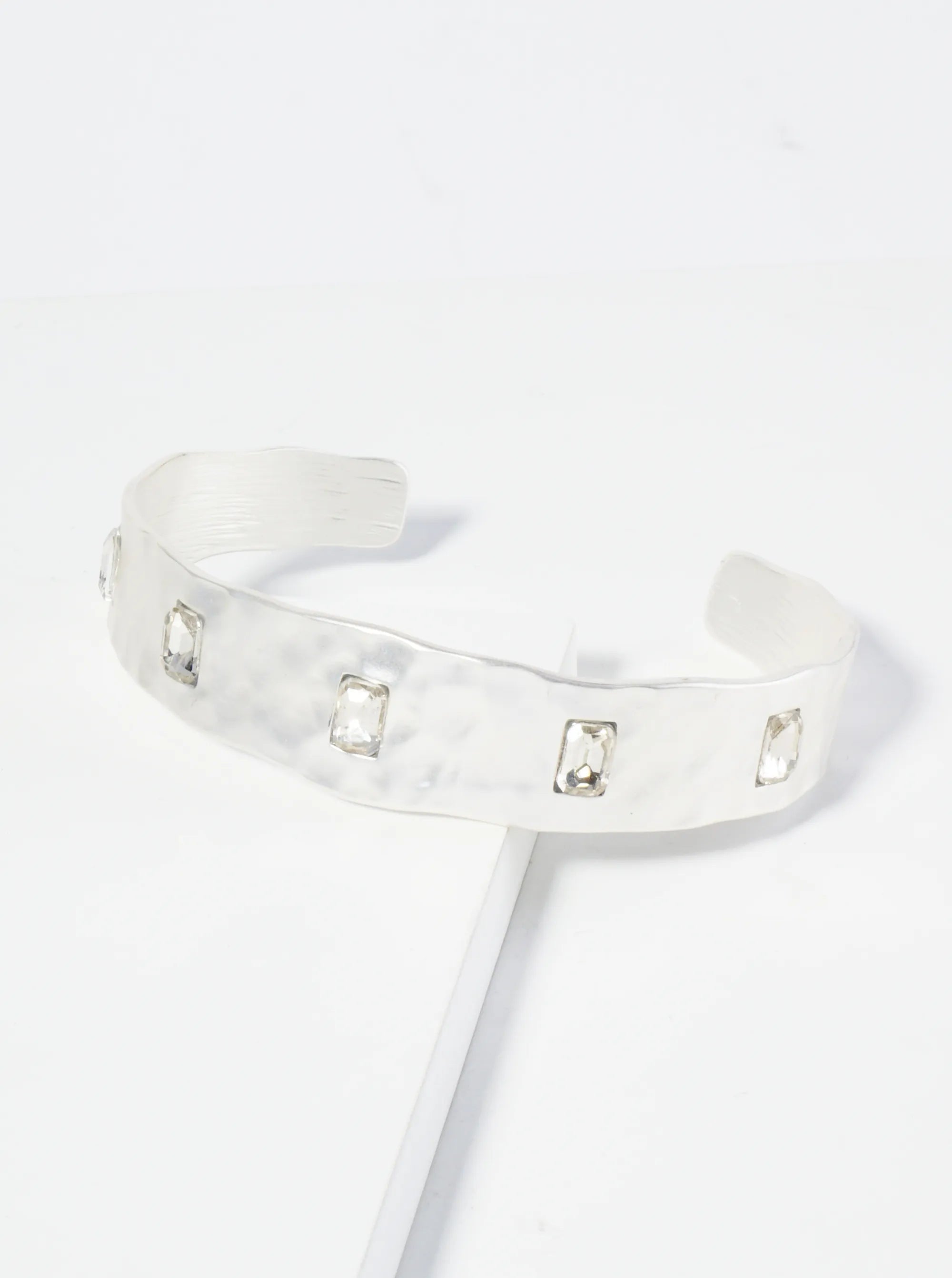 Hammered Metal Rectangle Stone Studded Open Cuff Bracelet