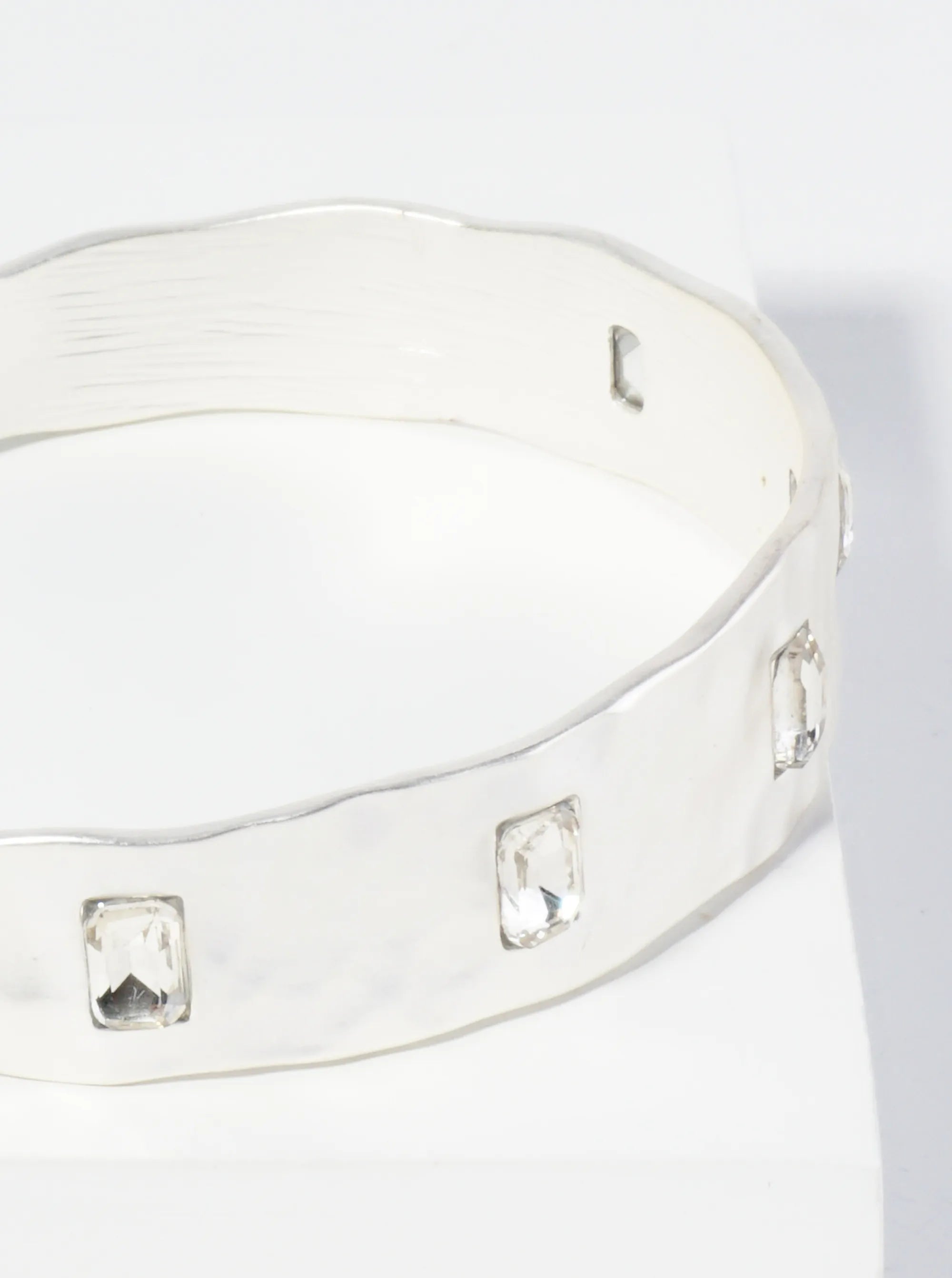 Hammered Metal Rectangle Stone Studded Open Cuff Bracelet