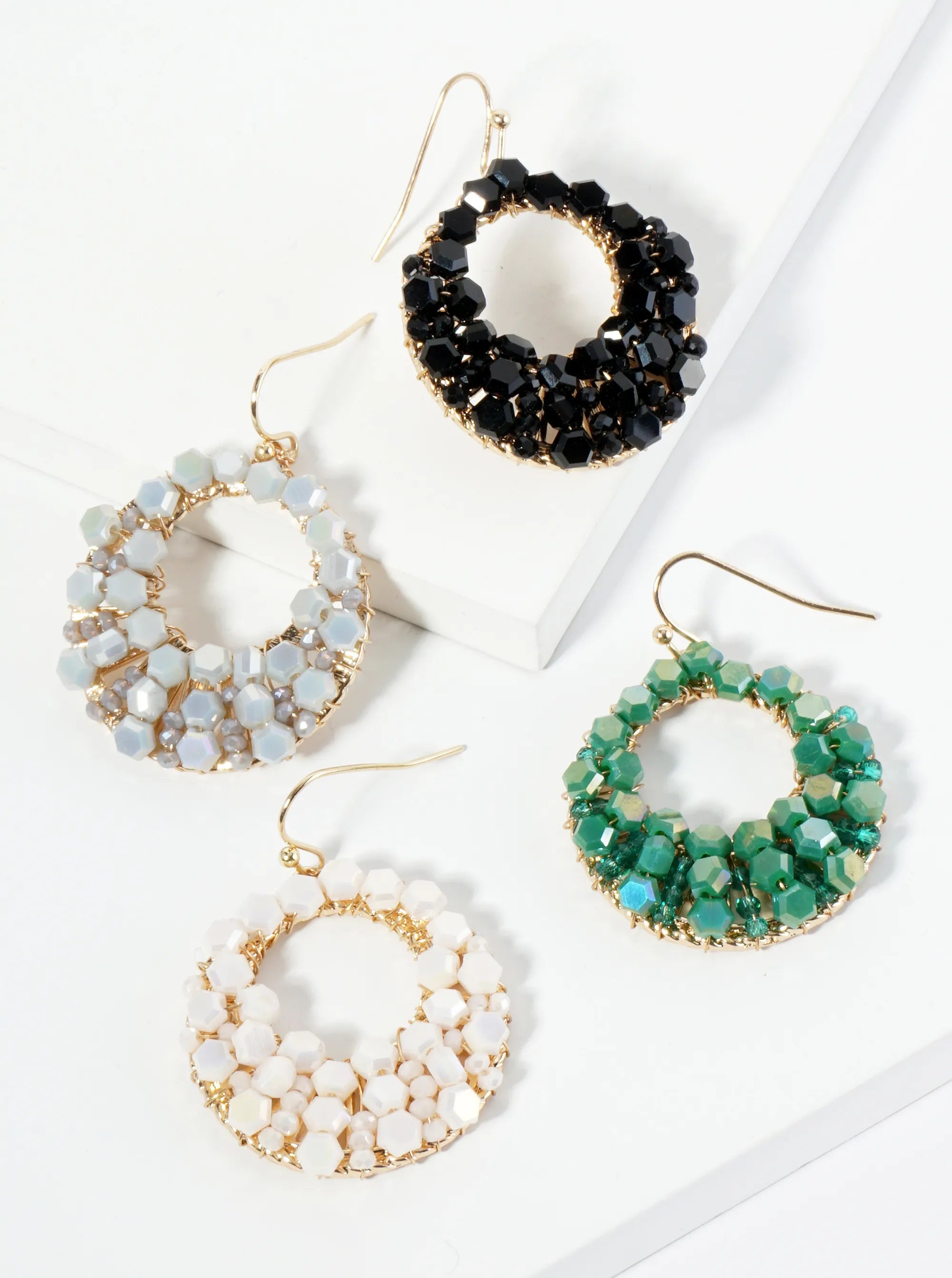 Hexagon Shape Glass Beaded Circle Drop Earrings