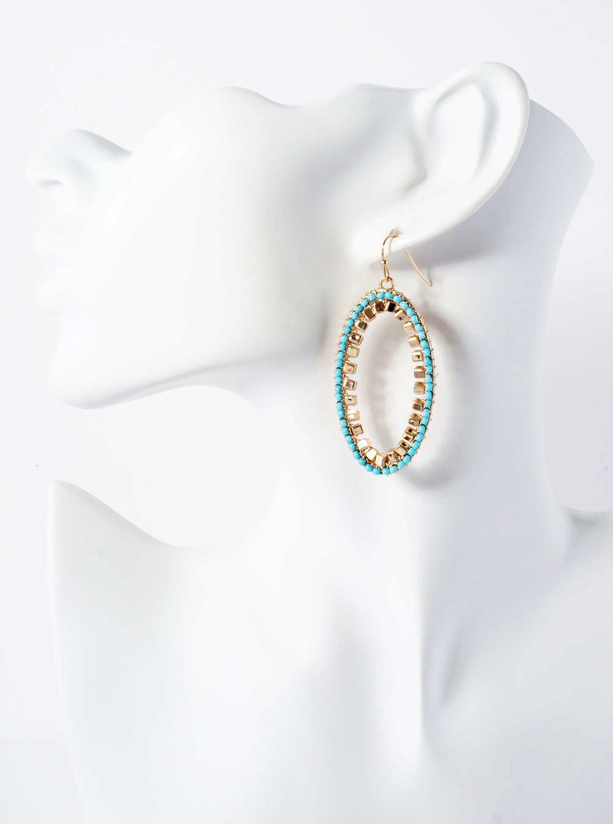 Metallic And Glass-Beads Wire-Wrapped Oval-Shaped Dangle Earrings