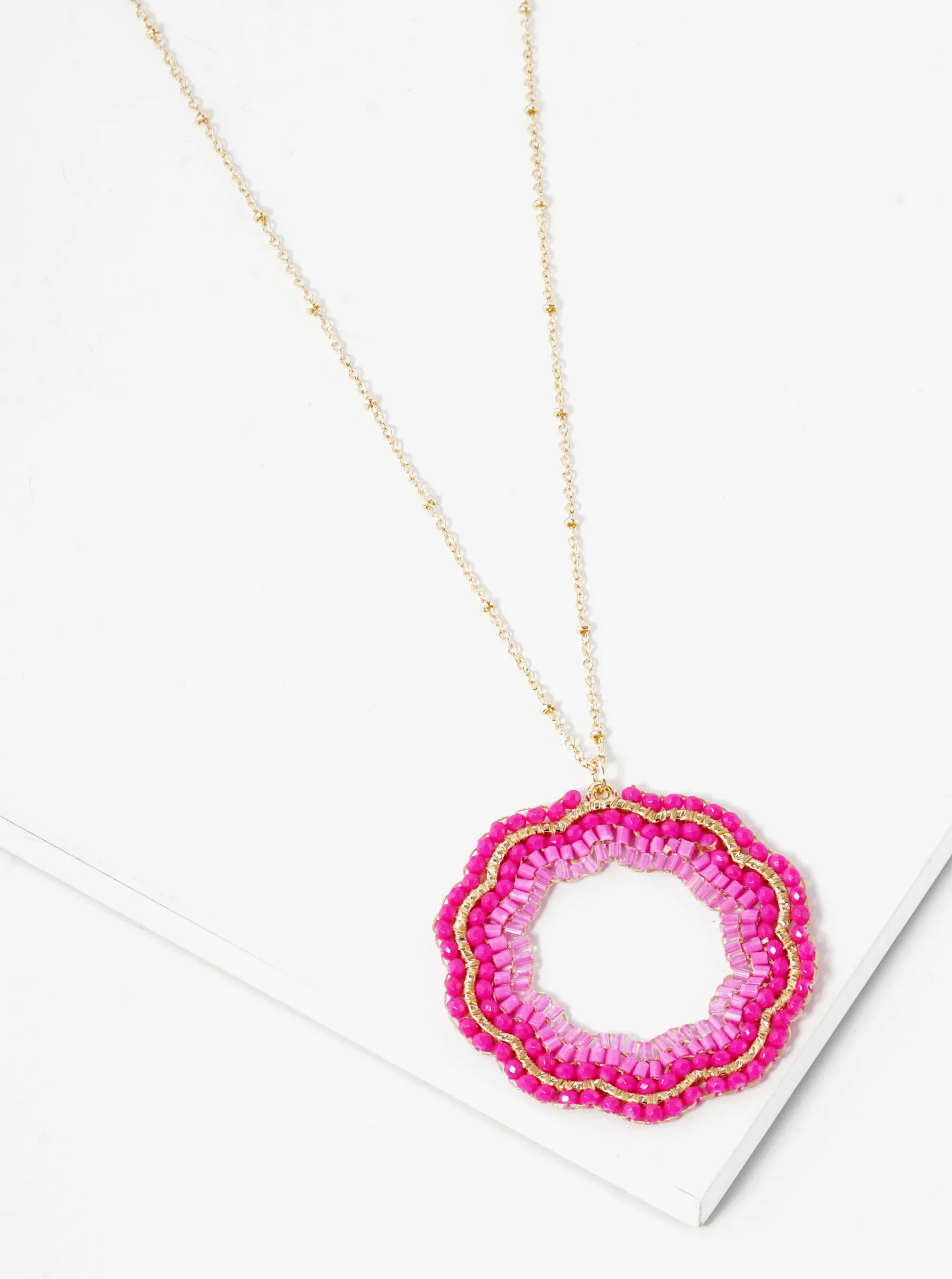 Multi Shaped Glass Beaded Flower Pendant 32 Inch Long Necklace