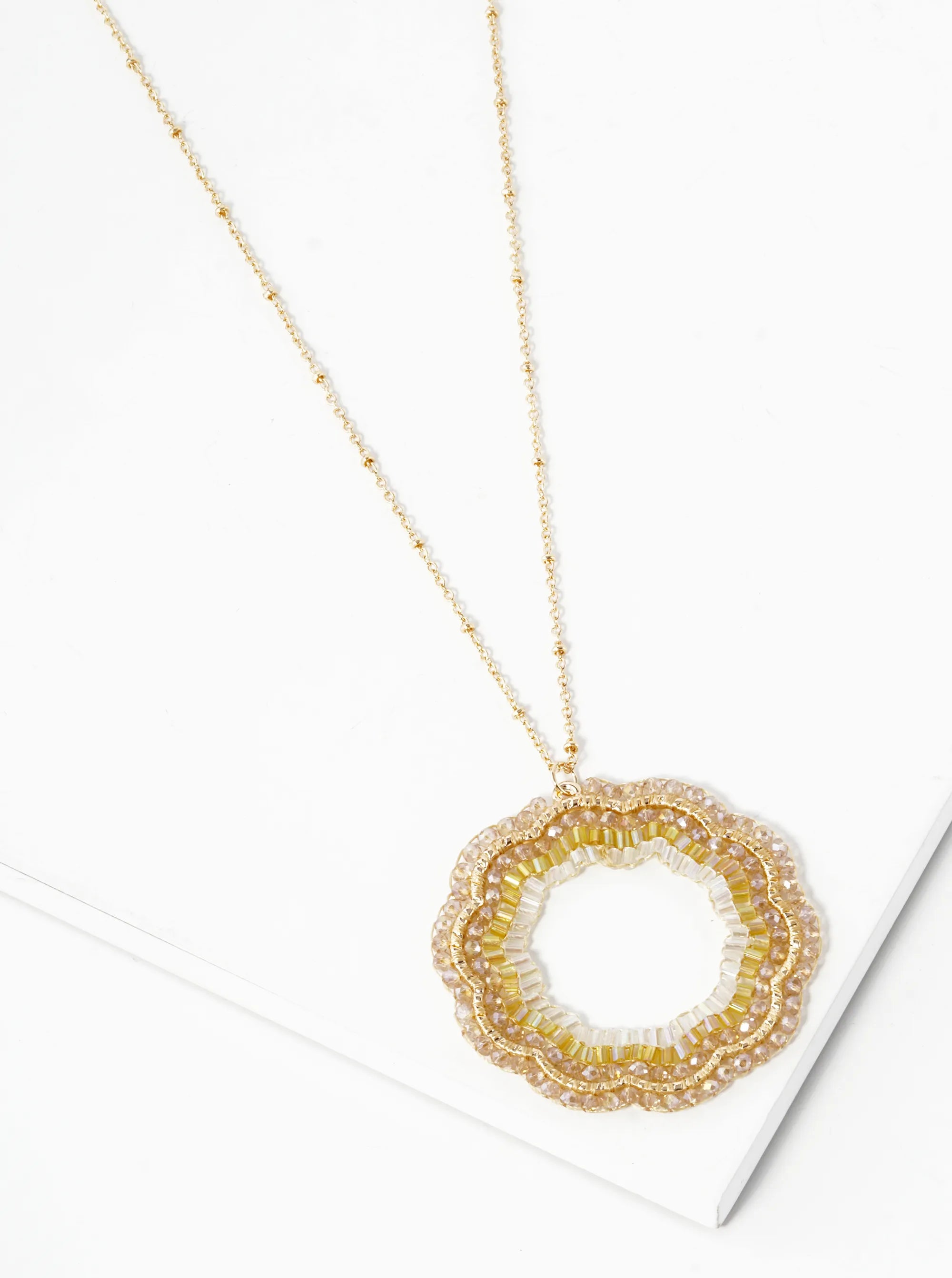 Multi Shaped Glass Beaded Flower Pendant 32 Inch Long Necklace