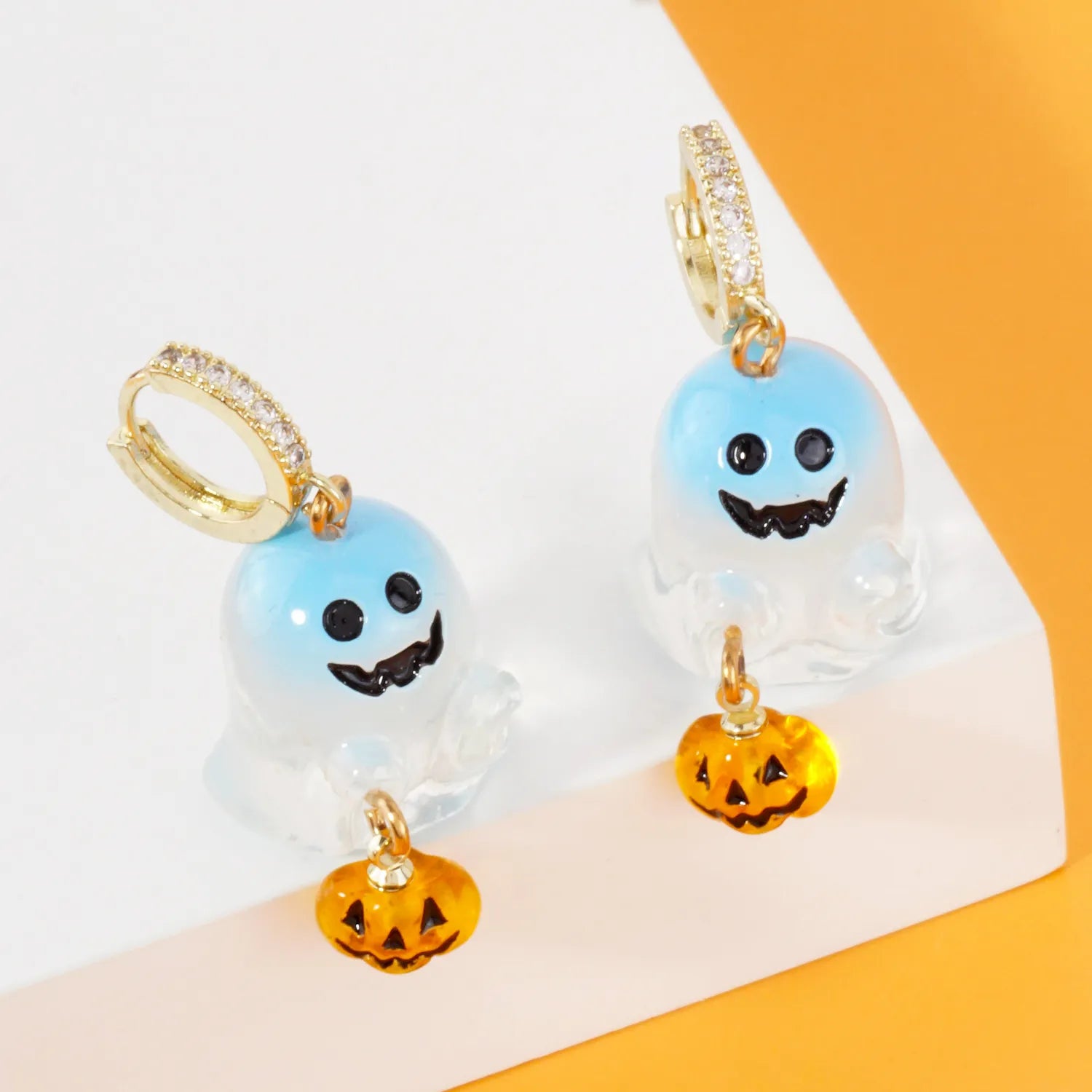 Pave-Set CZ 10mm Huggie Hoop Earrings With Dangling Halloween Ghost