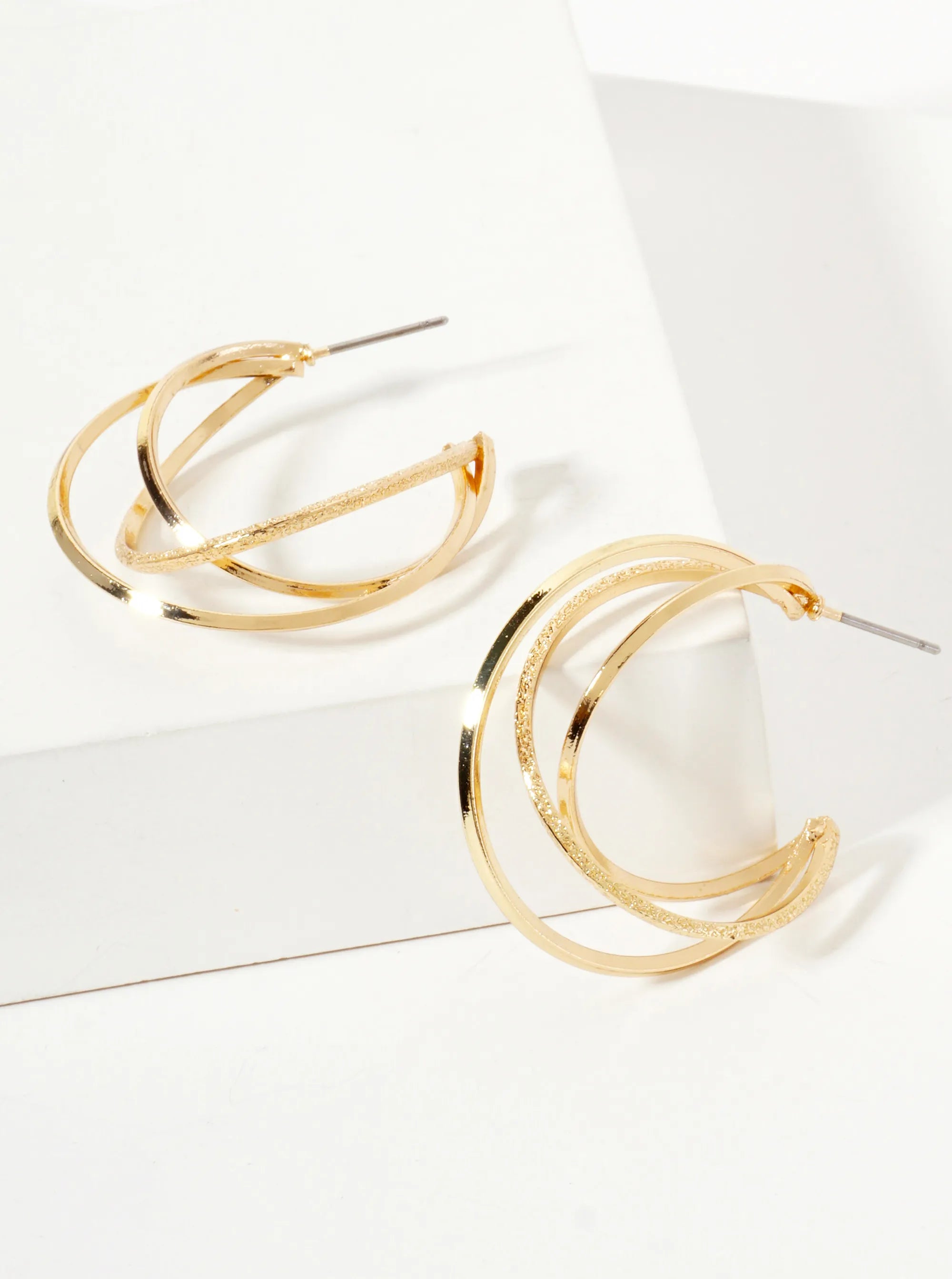 Polished Metal Textured 30mm Layered Open Hoop Earrings