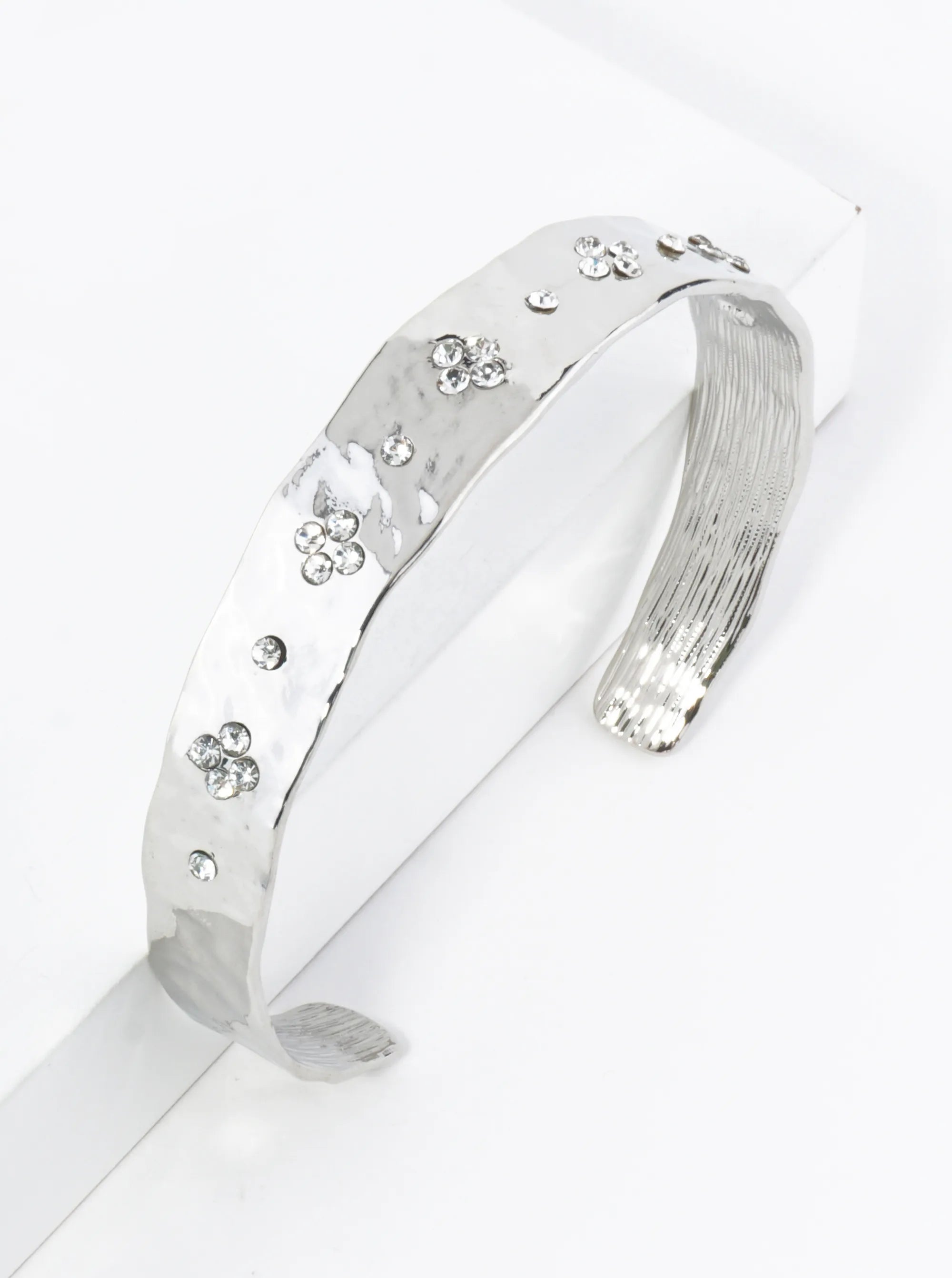Quatrefoil Crystal Pave Hammered Metal Cuff Bracelet