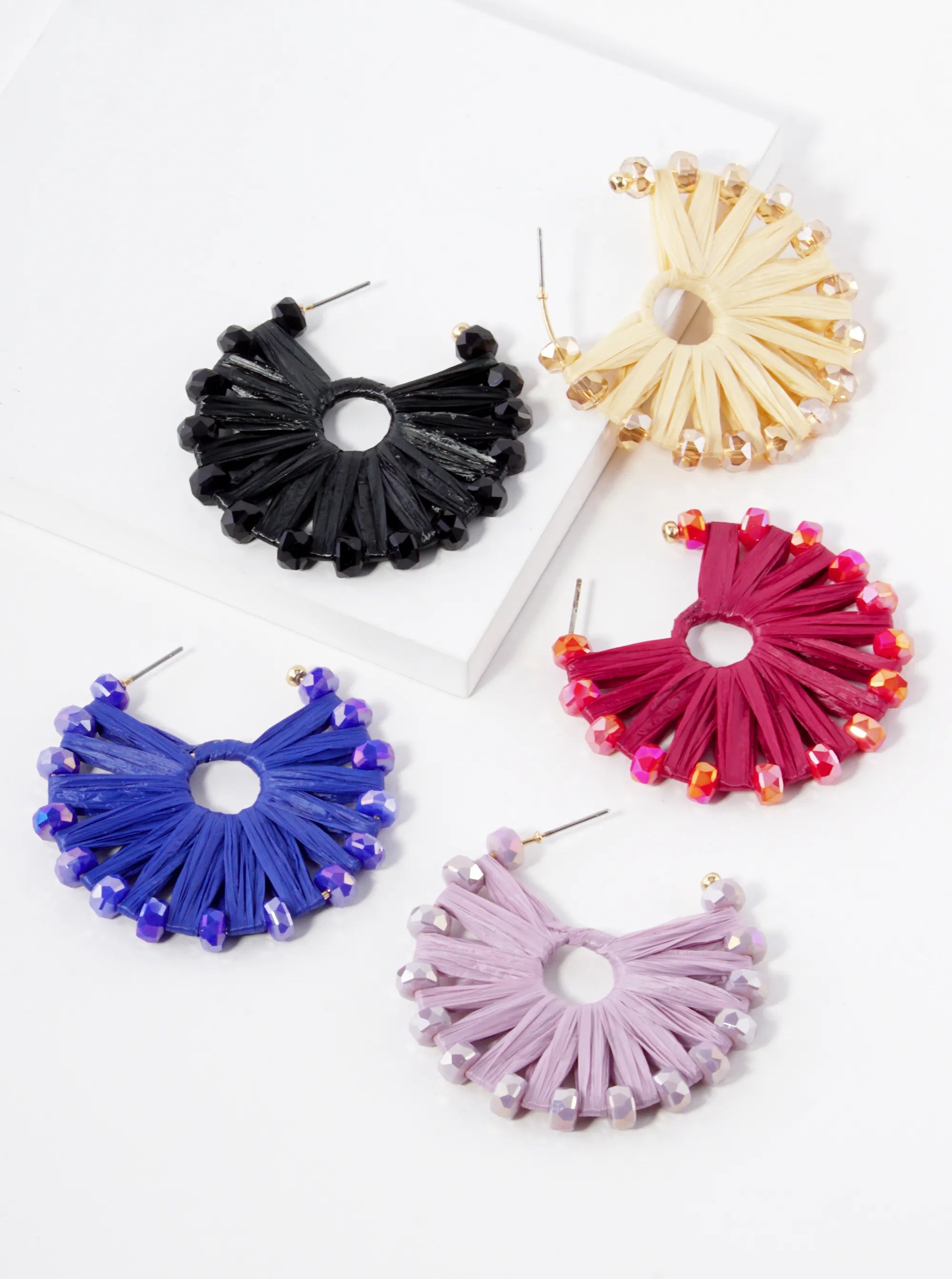 Raffia Wrapped Glass Beaded 45mm Hoop Earrings