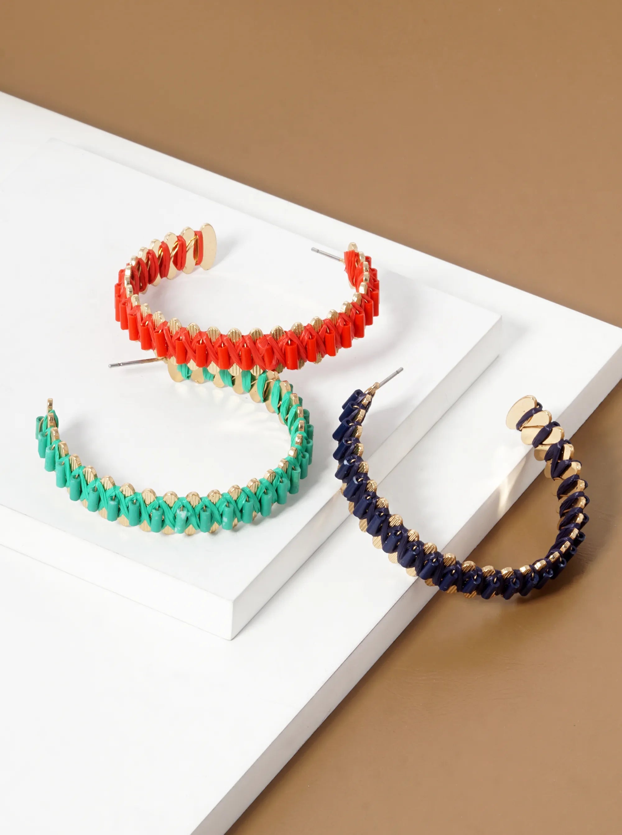 Raffia And Cylinder Glass Beaded 45mm Open Hoop Earrings