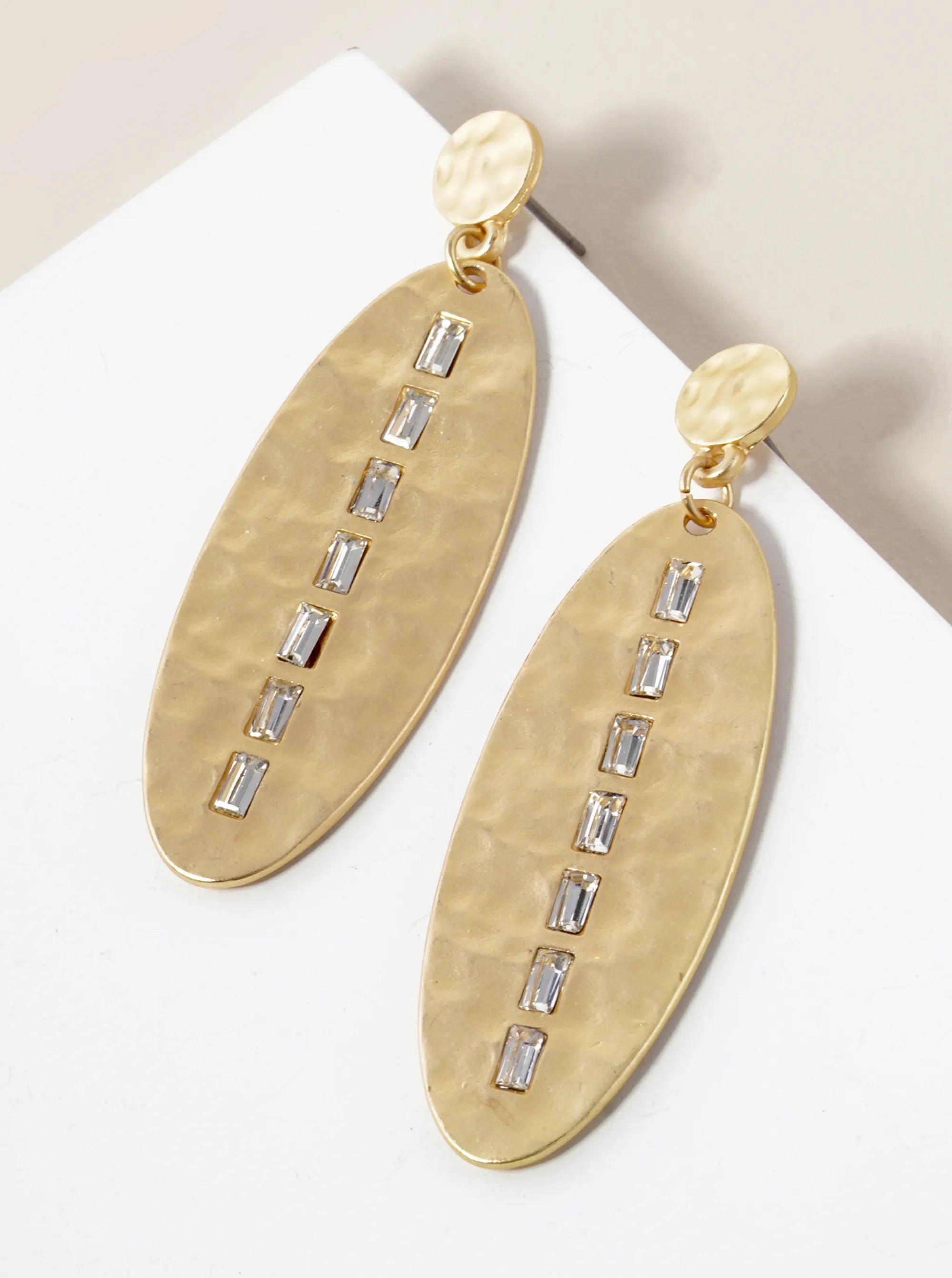 Rectangle Crystal Studded Hammered Metal Oval Drop Post Earrings