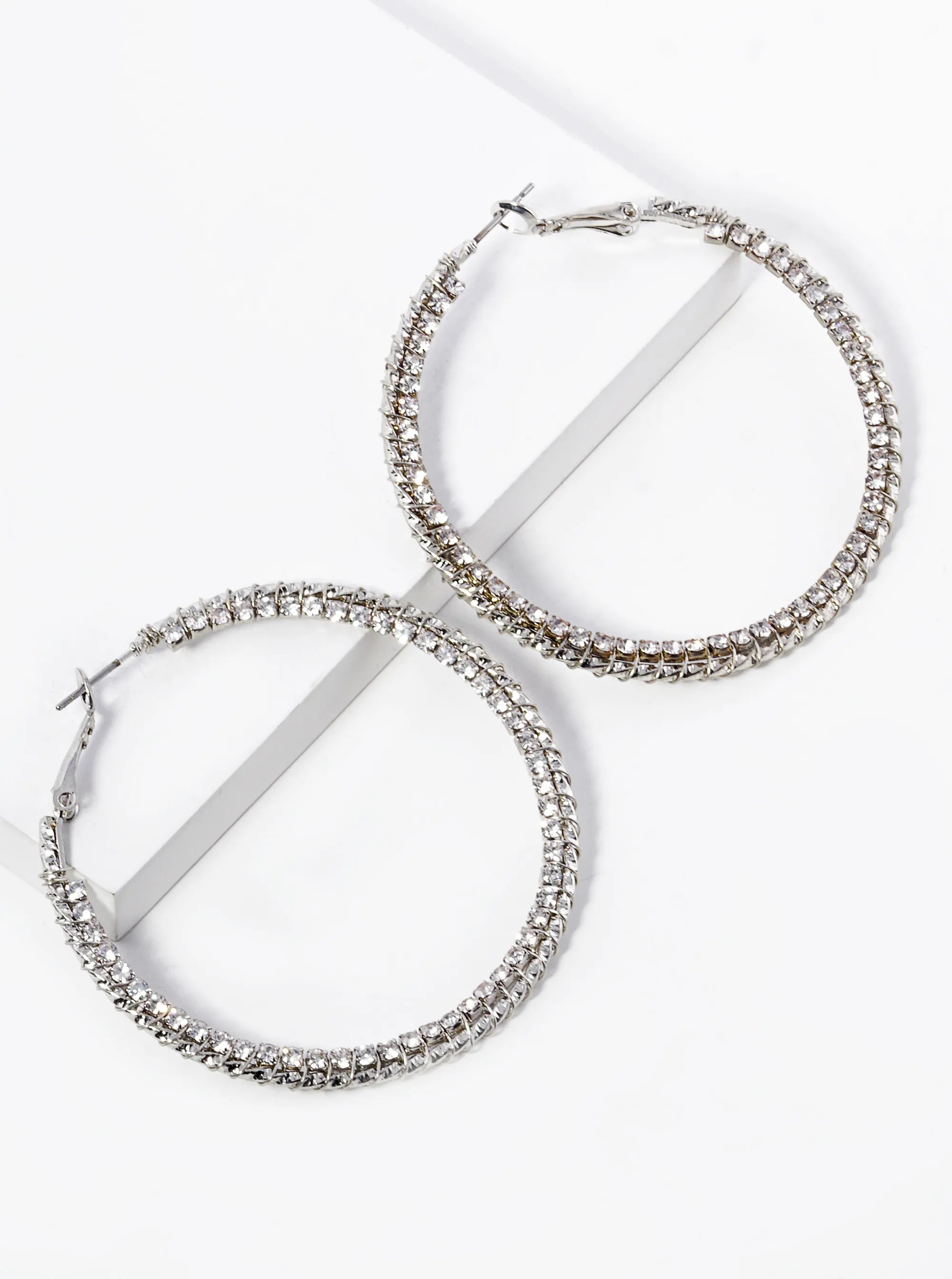 Rhinestone Wire Wrapped 50mm Latch Back Hoop Earrings