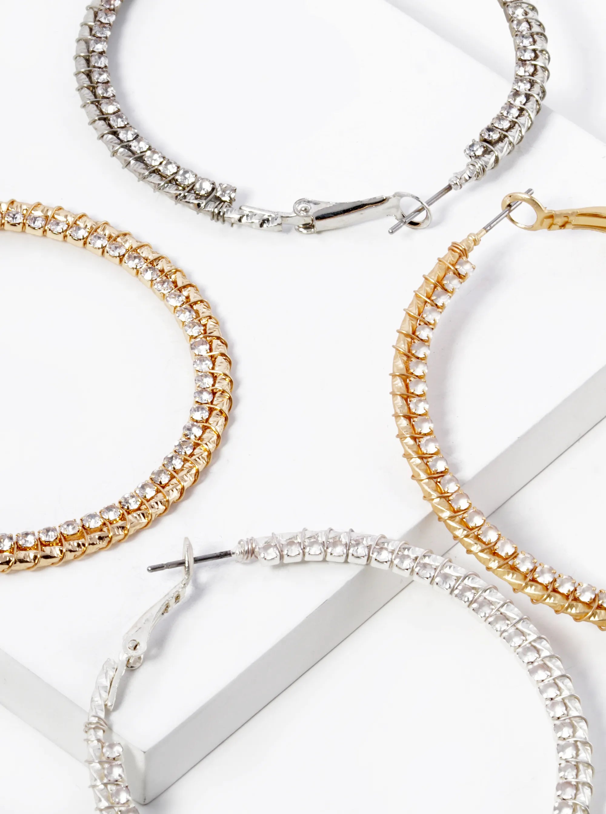 Rhinestone Wire Wrapped 50mm Latch Back Hoop Earrings
