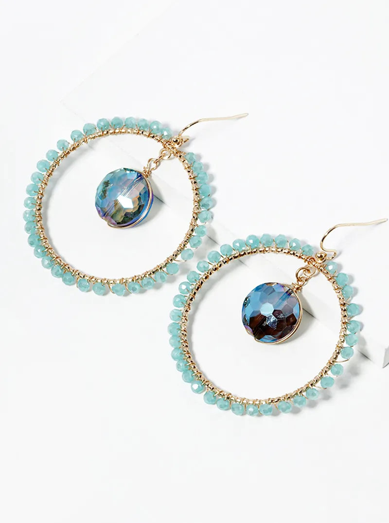 Round Crystal In Beaded Circle Drop Dangle Earrings