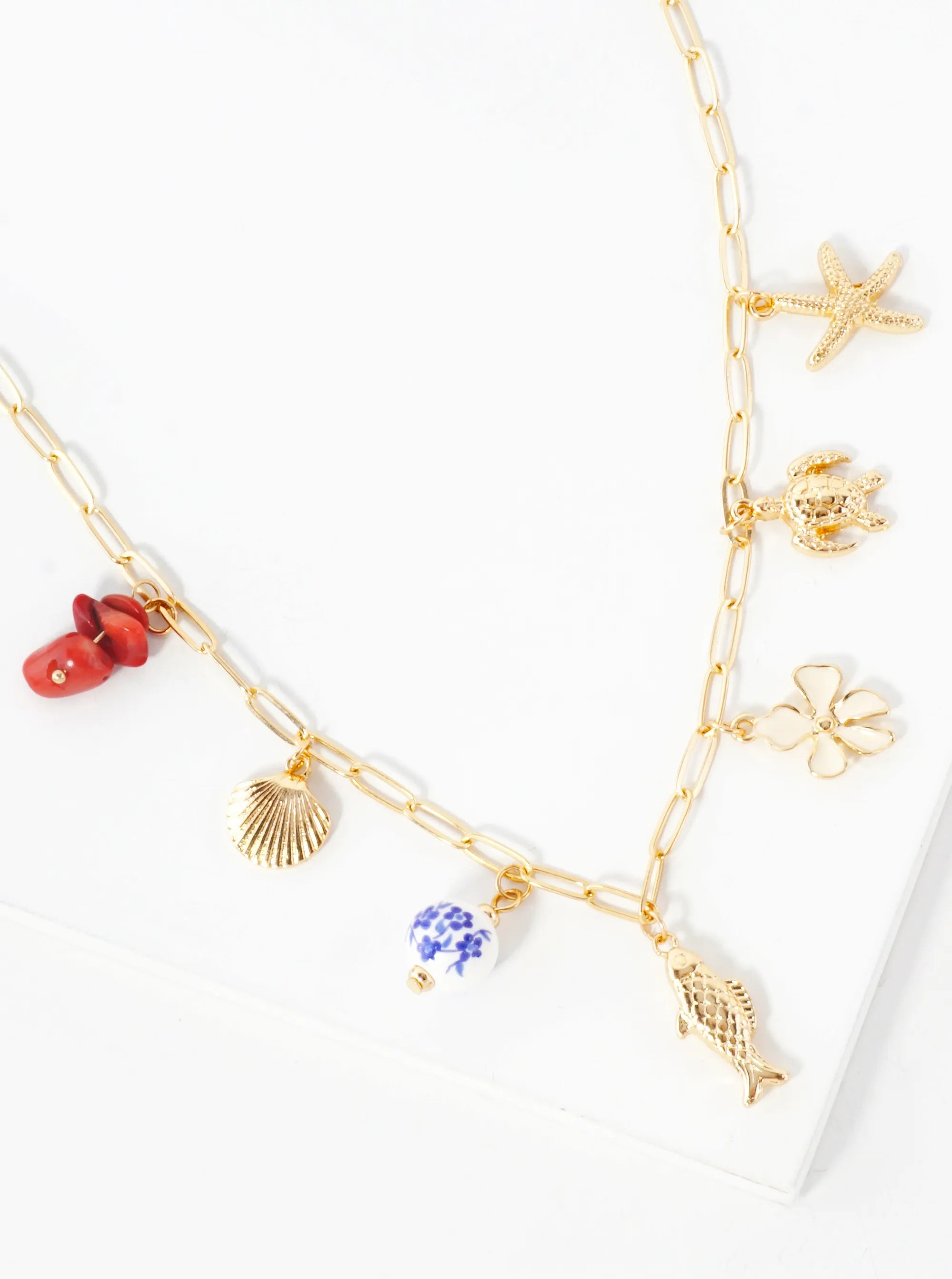 Sea-Life Seashell Fish Turtle Starfish Flower Porcelain Bead 16-Inch Charm Necklace