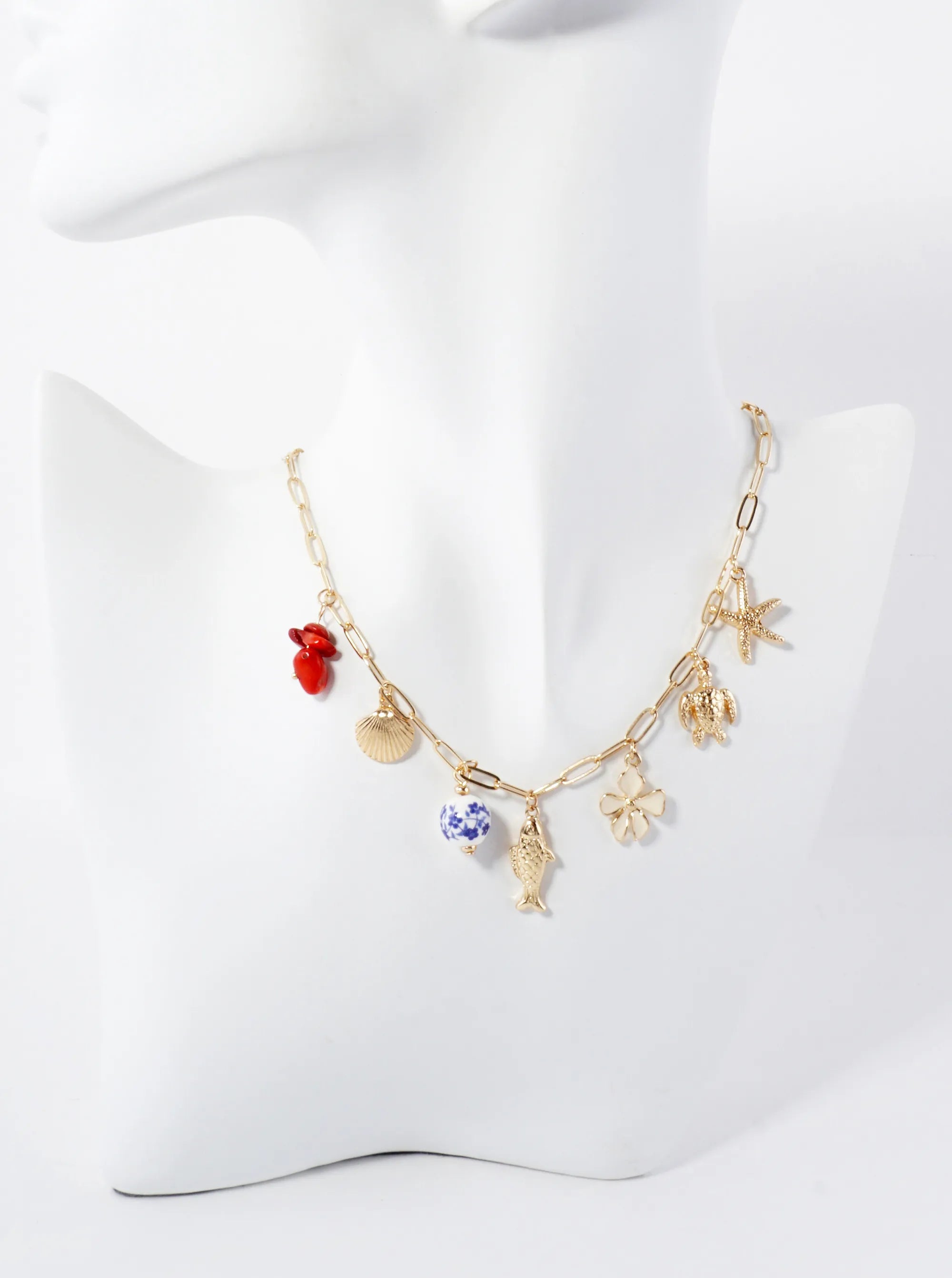 Sea-Life Seashell Fish Turtle Starfish Flower Porcelain Bead 16-Inch Charm Necklace