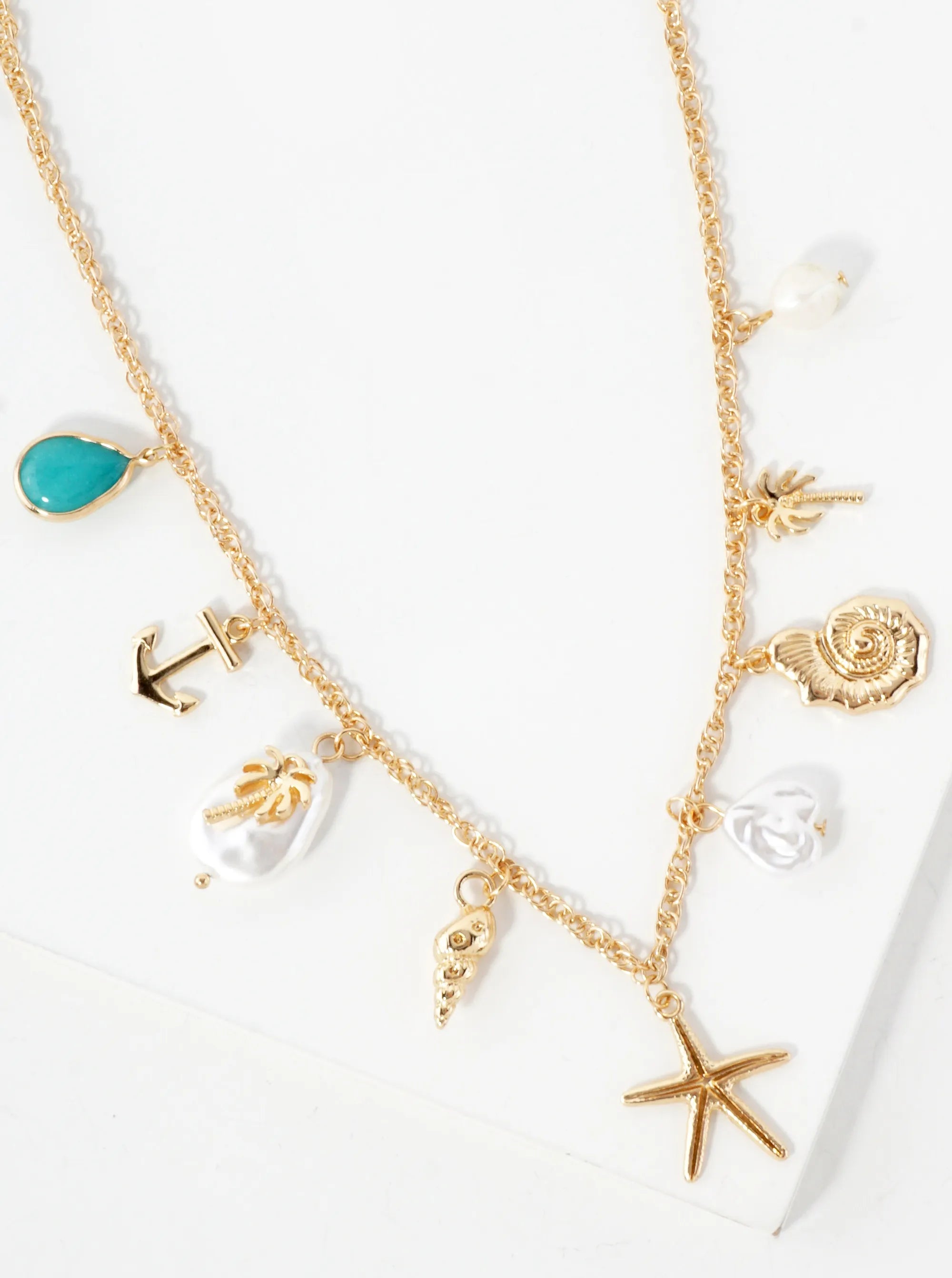 Sea-Life Teardrop Semi-Precious Natural-Stone Anchor Palm-Tree Pearl Conch Seashell Starfish 16-Inch Nautical Charm Necklace