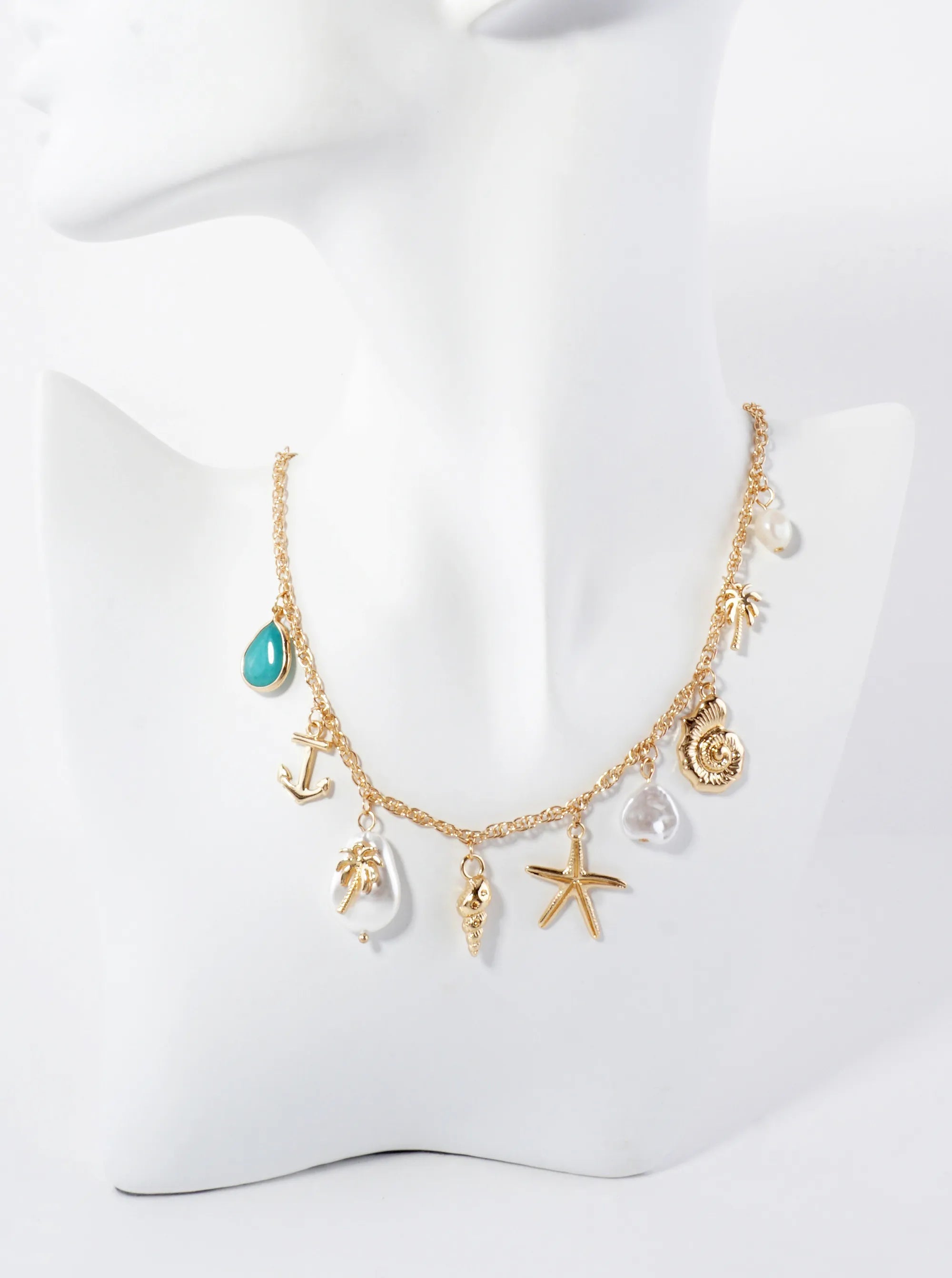 Sea-Life Teardrop Semi-Precious Natural-Stone Anchor Palm-Tree Pearl Conch Seashell Starfish 16-Inch Nautical Charm Necklace