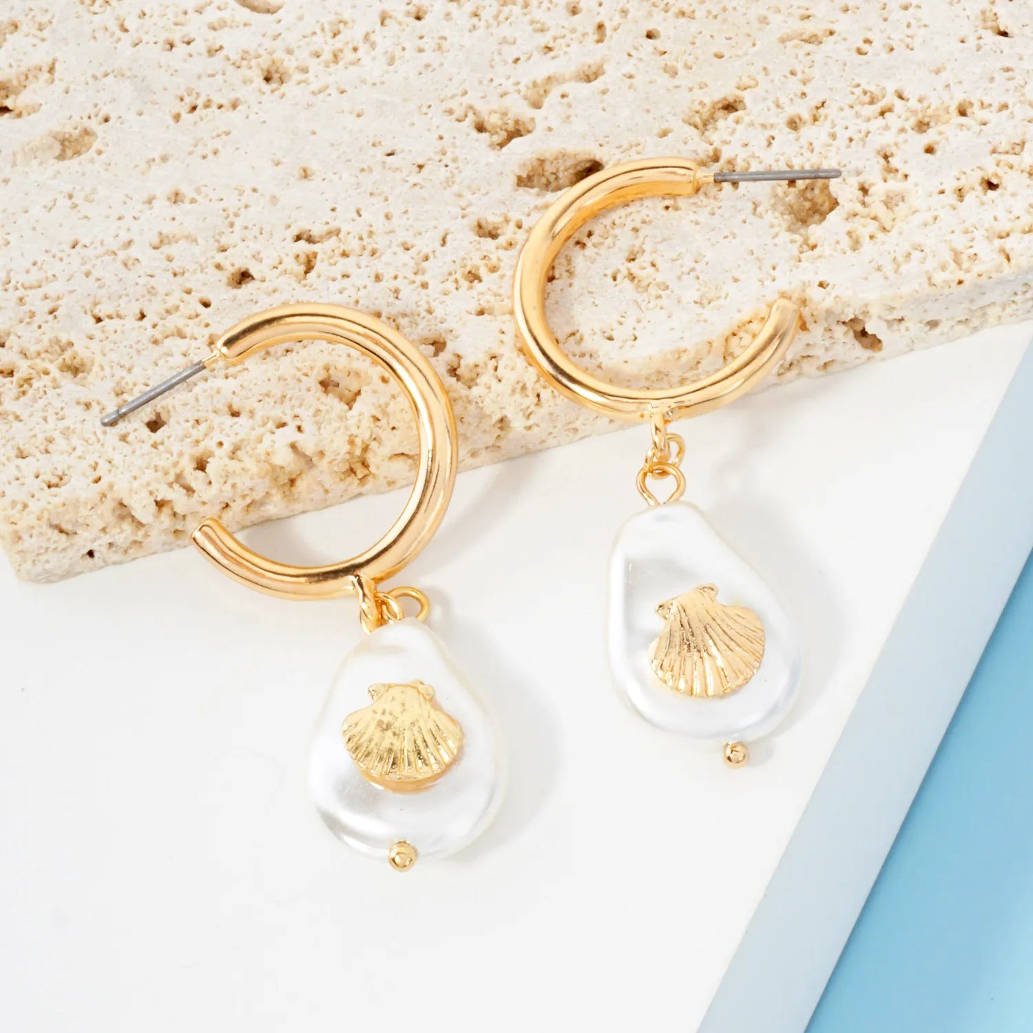 Seashell Teardrop Pearl Drop 20mm Hoop Earrings